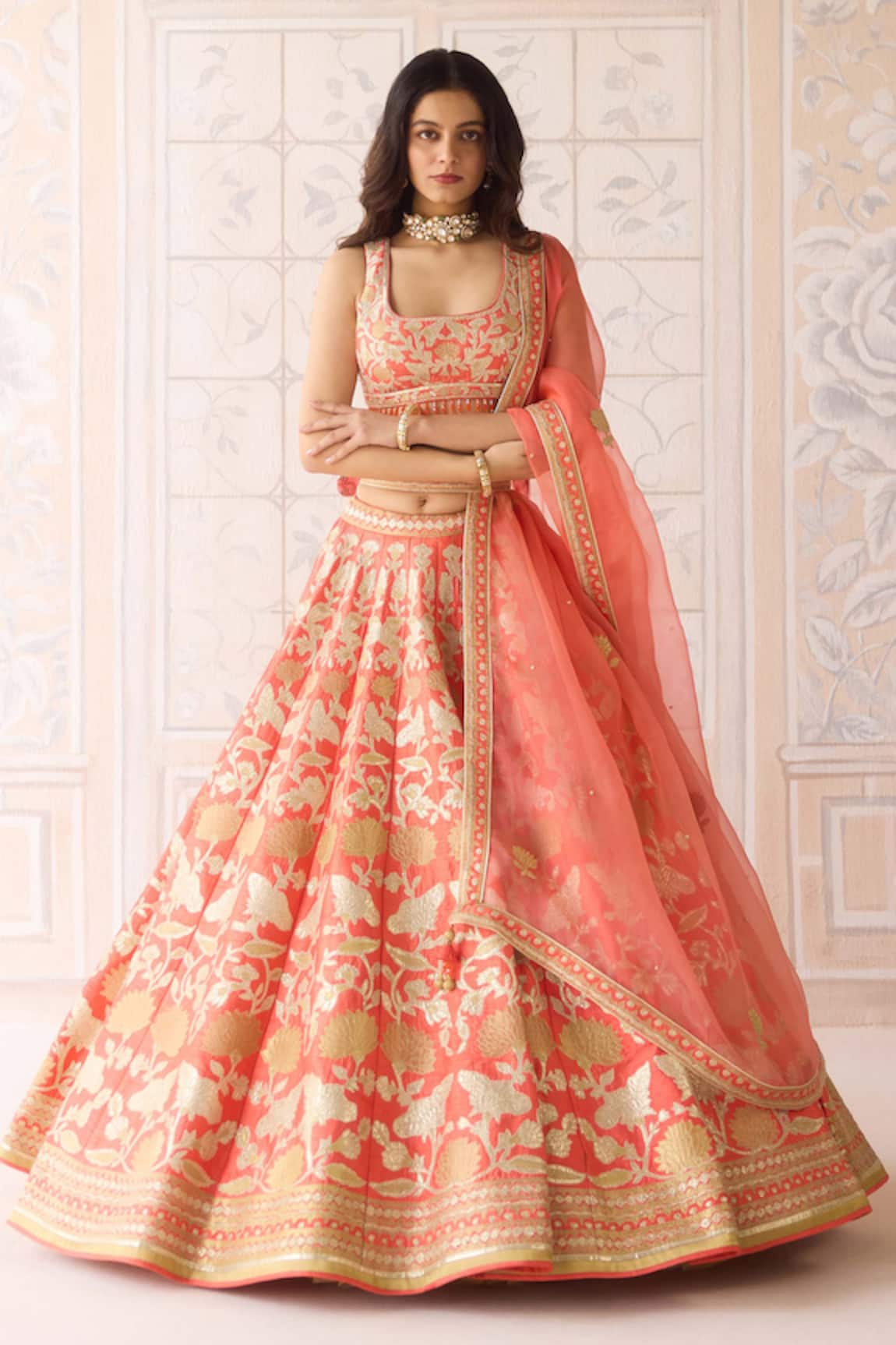 Shyam Narayan Prasad Coral Orange Zari Embroidered Lehenga Set 
