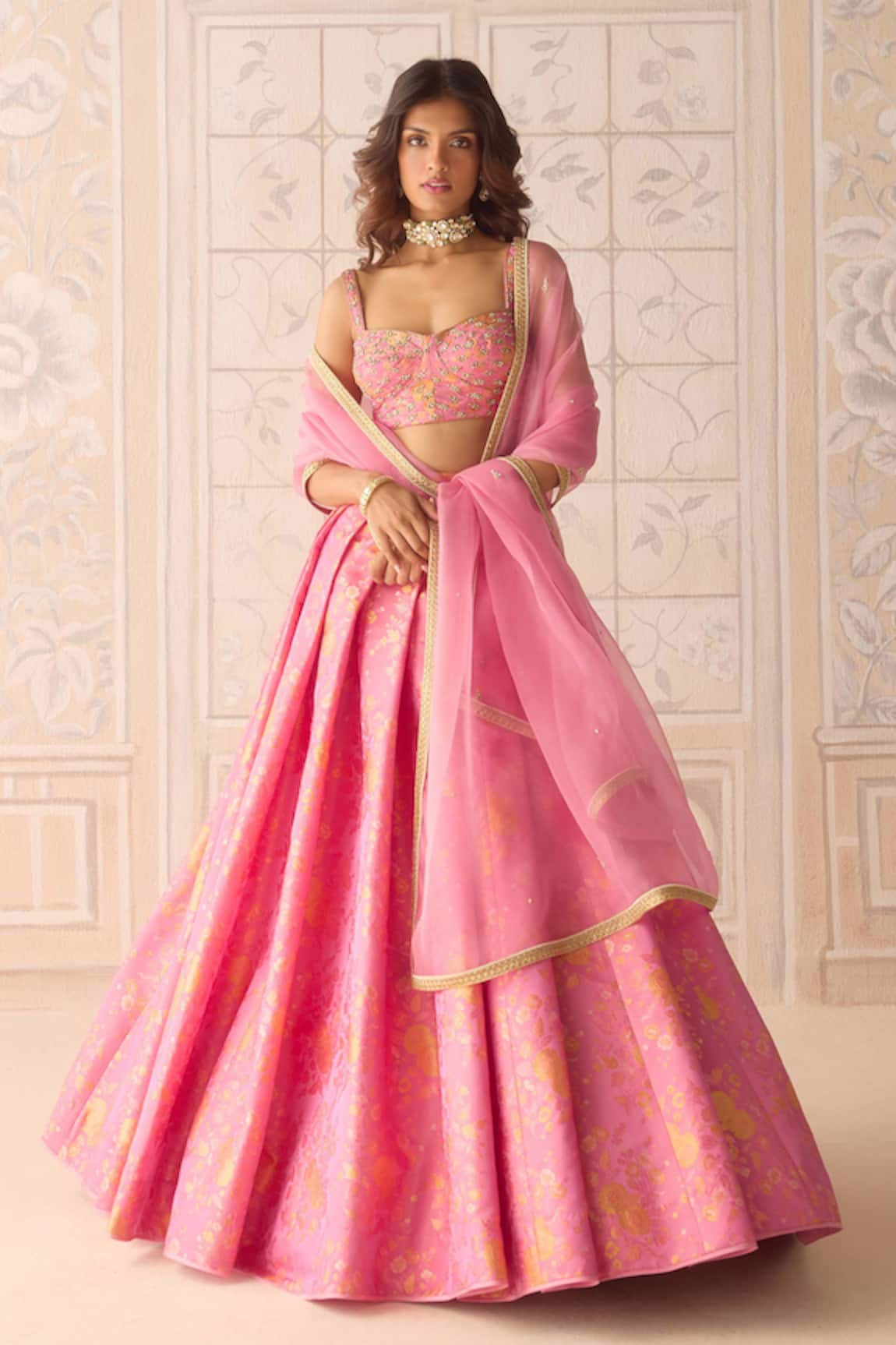 Shyam Narayan Prasad Coral Pink Zardozi Embroidered Lehenga Set 