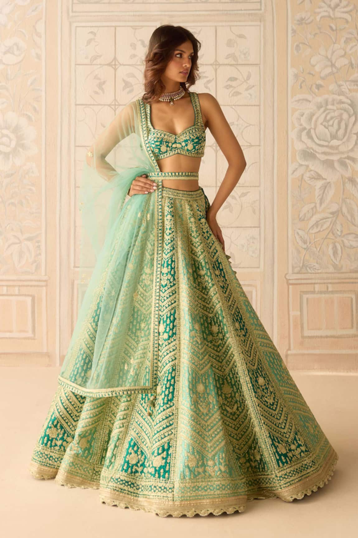 Shyam Narayan Prasad Zari Embroidered Mist Teal Green Lehenga Set 