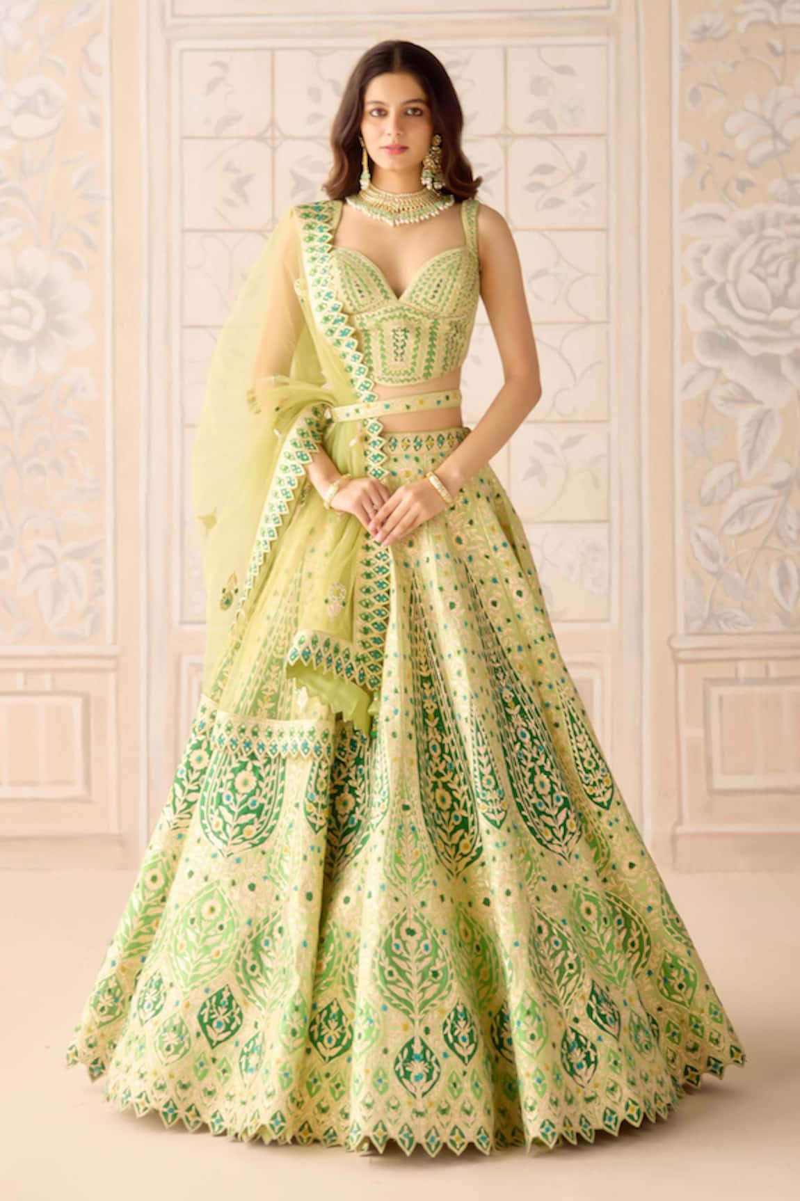 Shyam Narayan Prasad Butterfly Green Applique Lehenga Set 