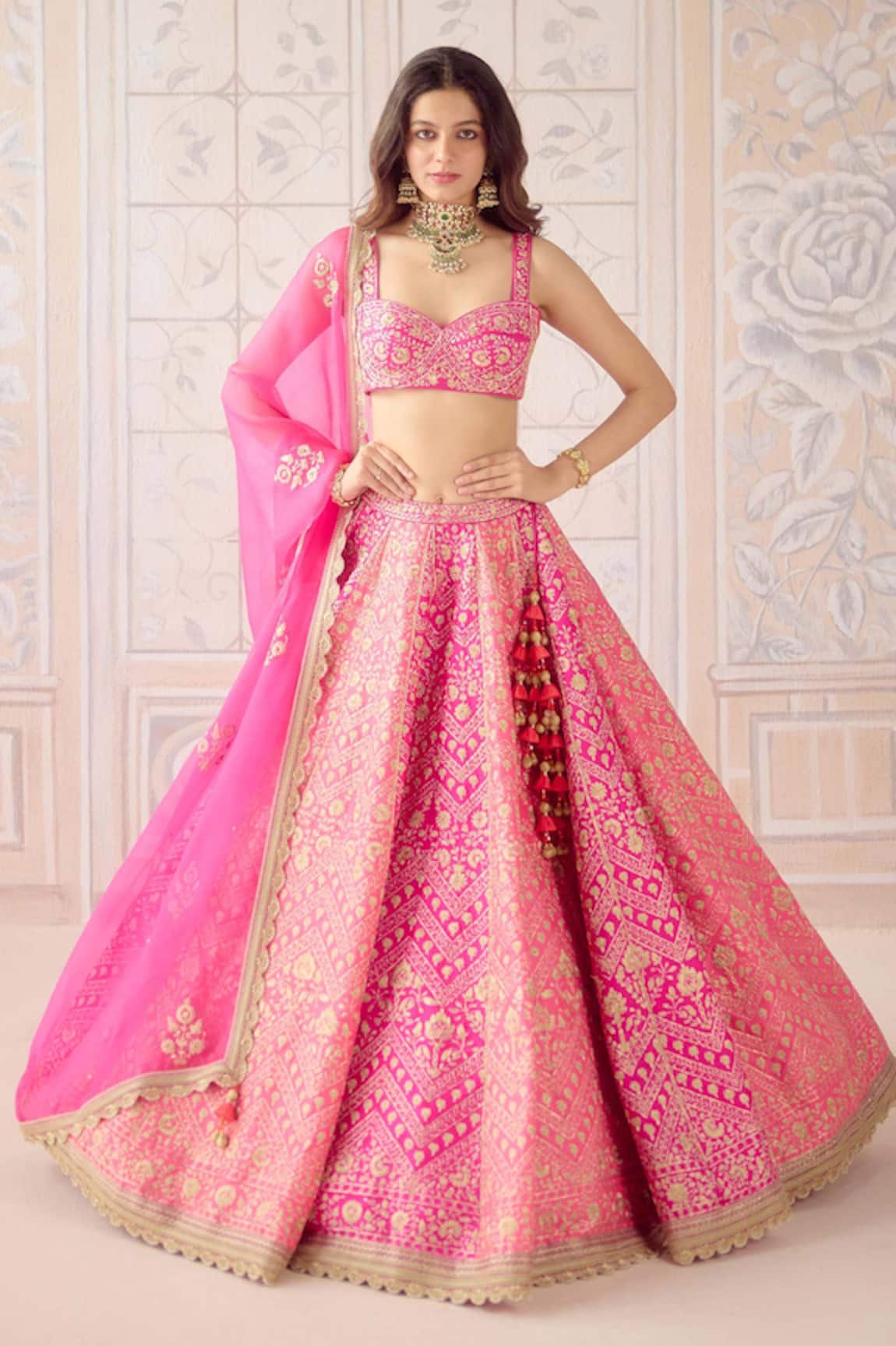 Shyam Narayan Prasad Coral Pink Zari Embroidered Lehenga Set 