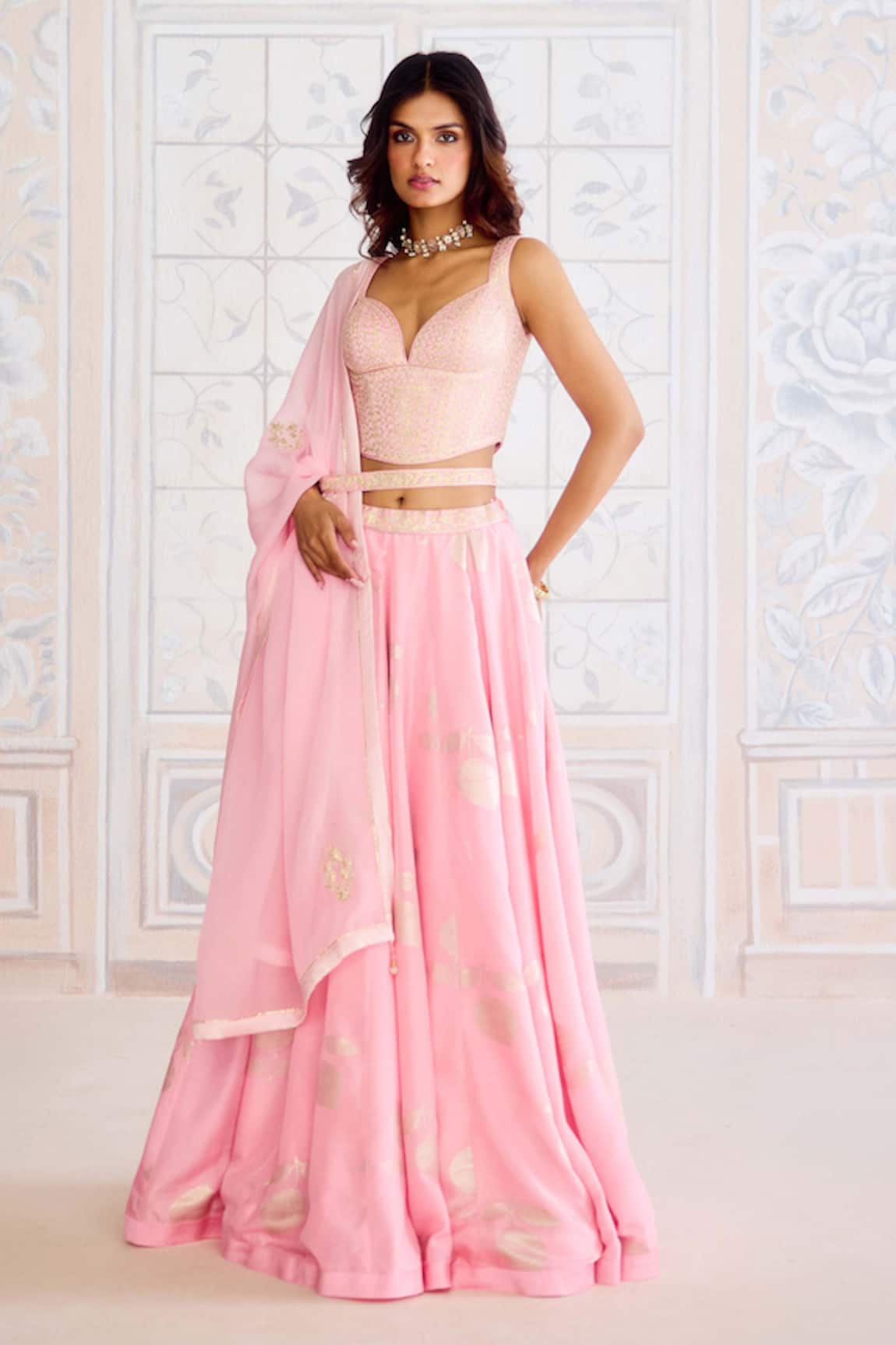 Shyam Narayan Prasad Crystal Rose Pink Fusion Lehenga Set 