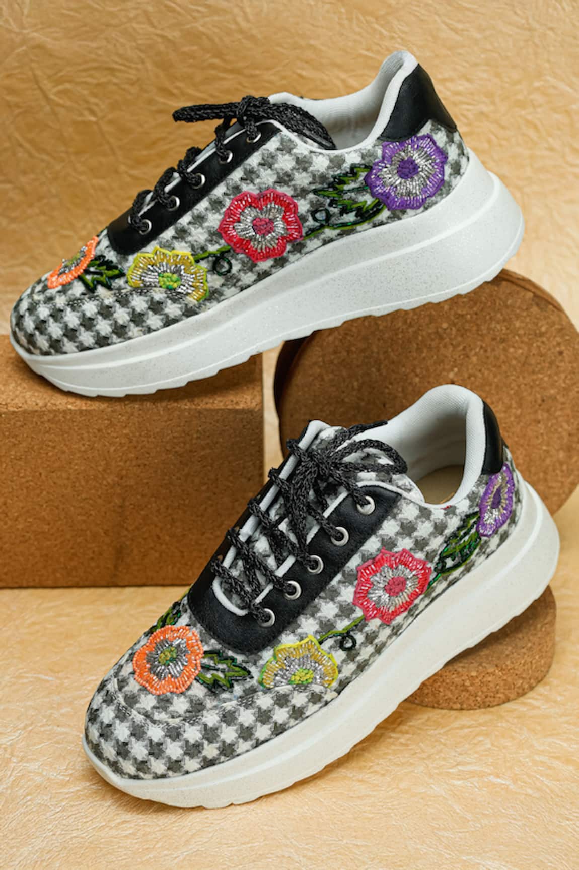 Sole Mates by Palak Floral Embroidered Check Sneakers 