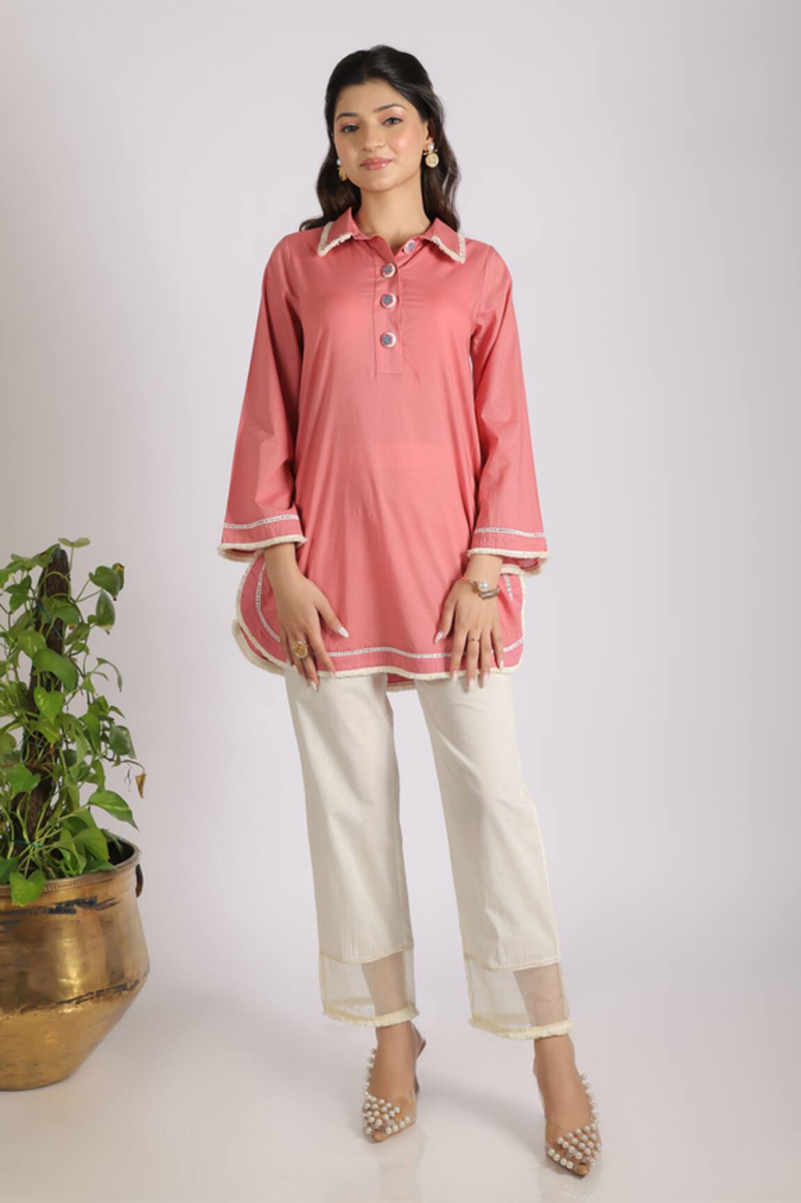 Grass & Sunshine Coral Modern Mandarin Kurta Set 