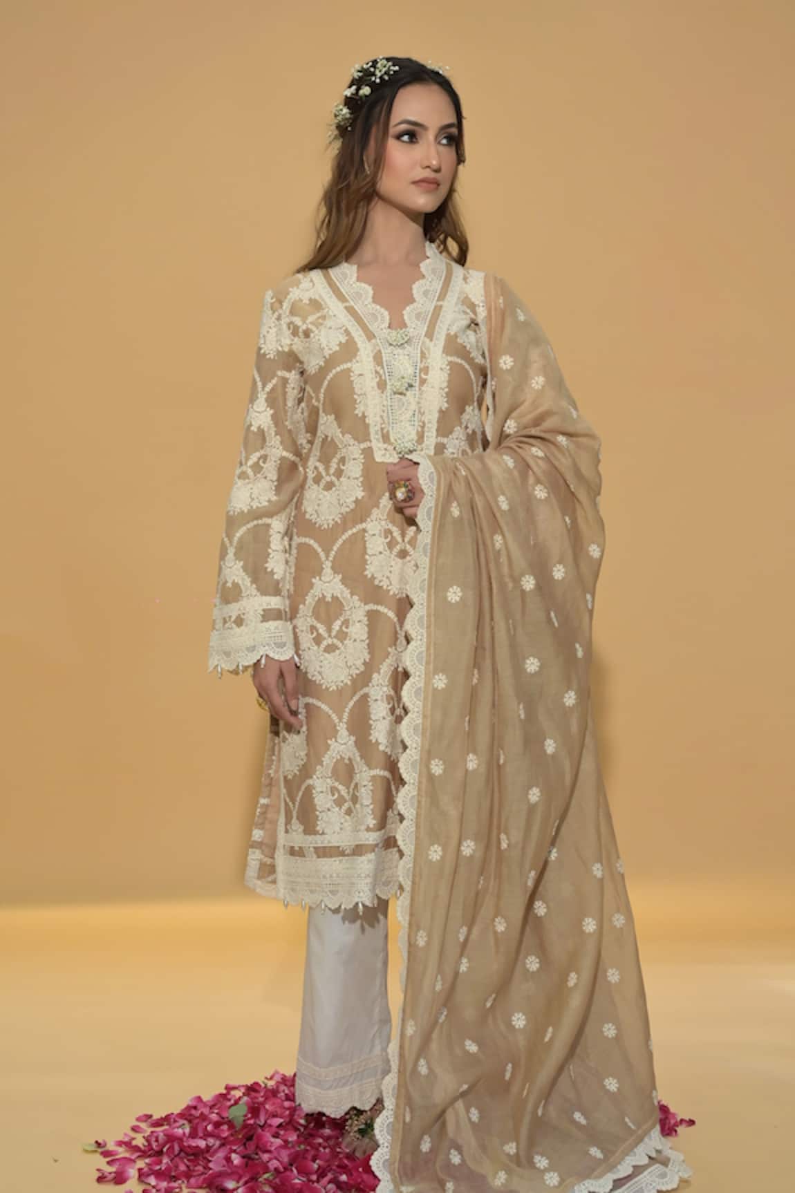 Rachit Khanna Beige Gold Straight Kurta & Pant Set 