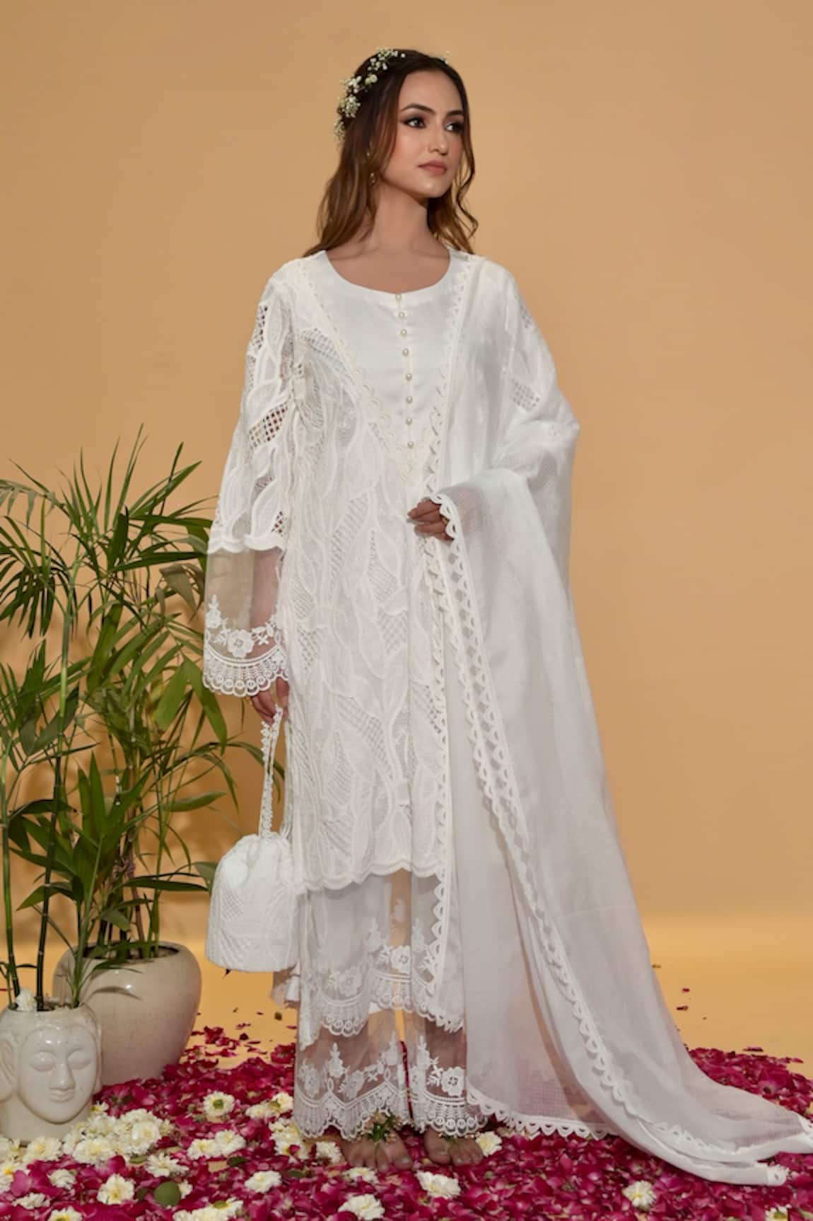 Rachit Khanna White Cutwork Kurta Set 