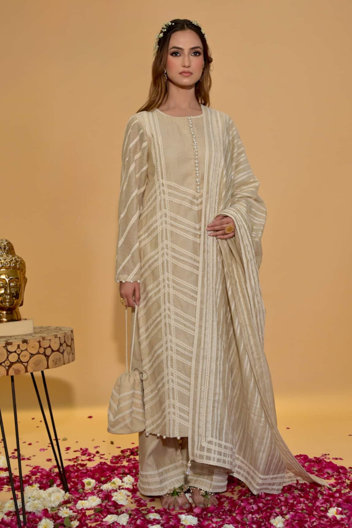 Rachit Khanna Khakhi Lace Work Kurta Set 