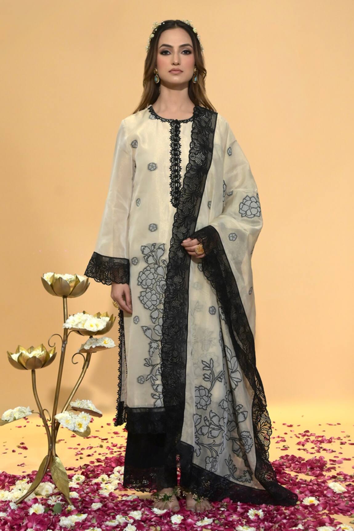 Rachit Khanna Beige Gold Organza Kurta Set 
