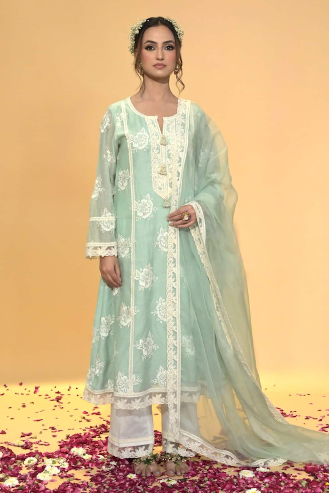 Rachit Khanna Sage Green Aline Embroidered Kurta Set 