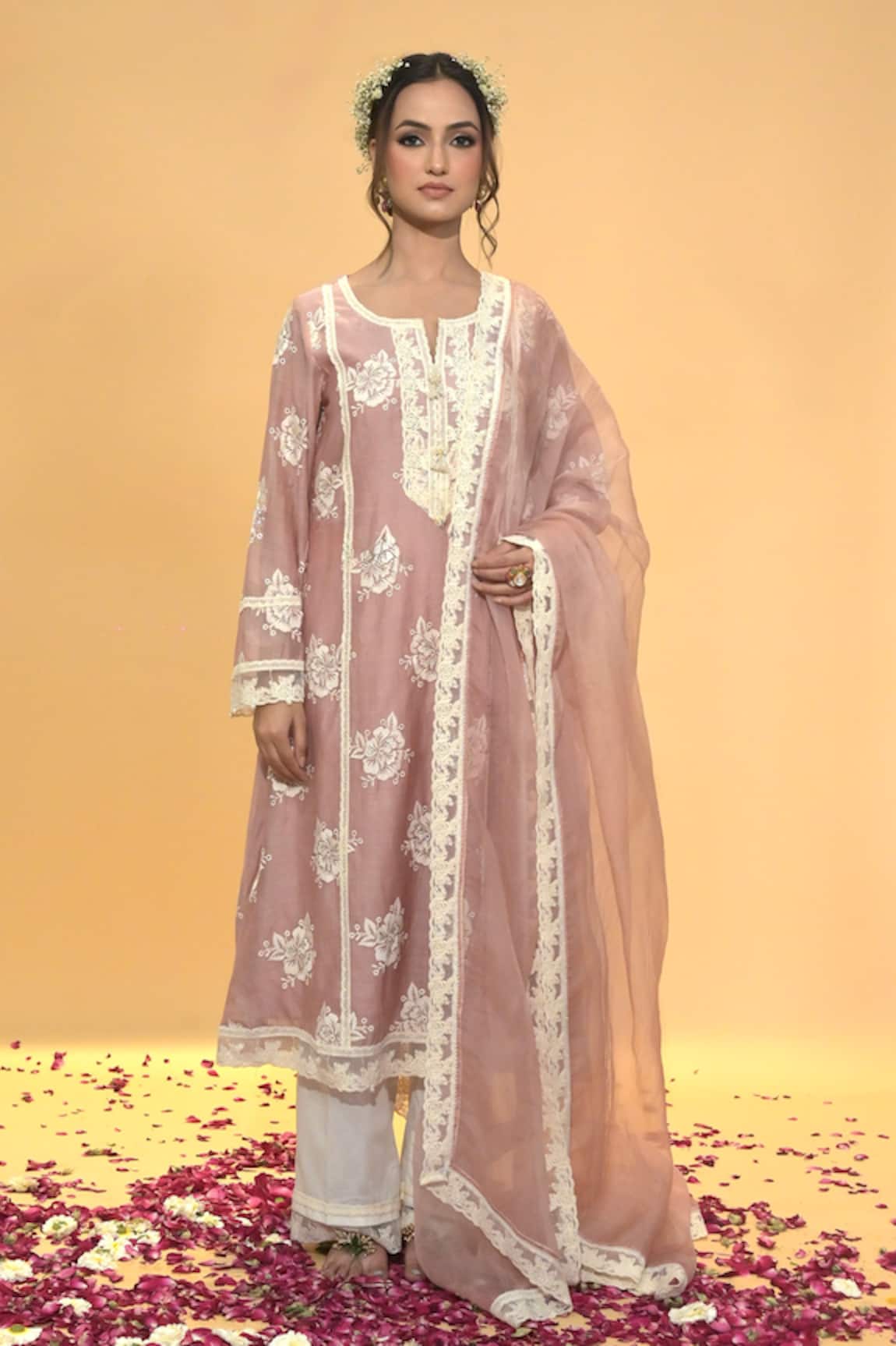 Rachit Khanna Dark Rose Gold Aline Embroidered Kurta Set 