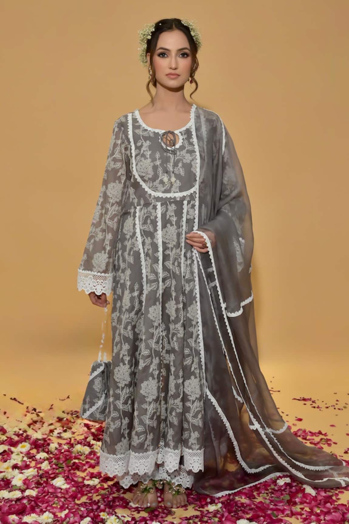 Rachit Khanna Dark Grey Embroidered Anarkali Set 
