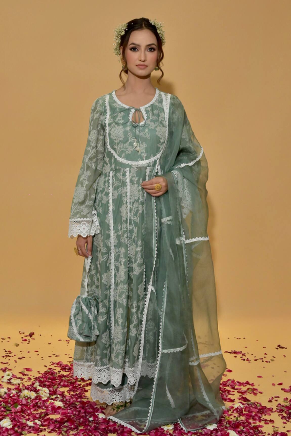 Rachit Khanna Forest Green Embroidered Anarkali Set 