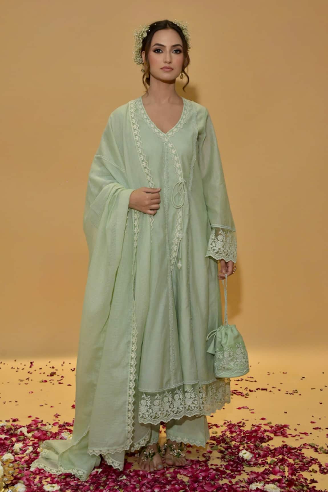 Rachit Khanna Sage Green Angrakha Anarkali Set 