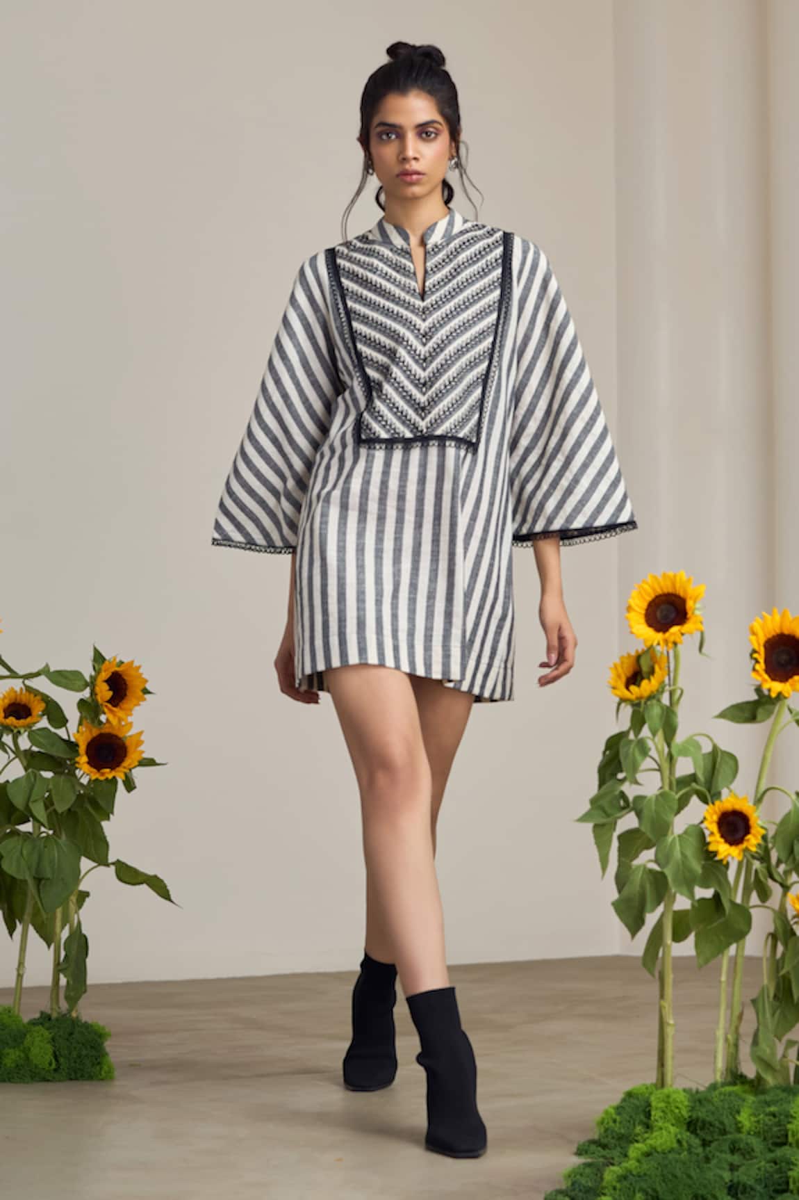 MAISOLOS Ivory & Black Striped Designer Dress 