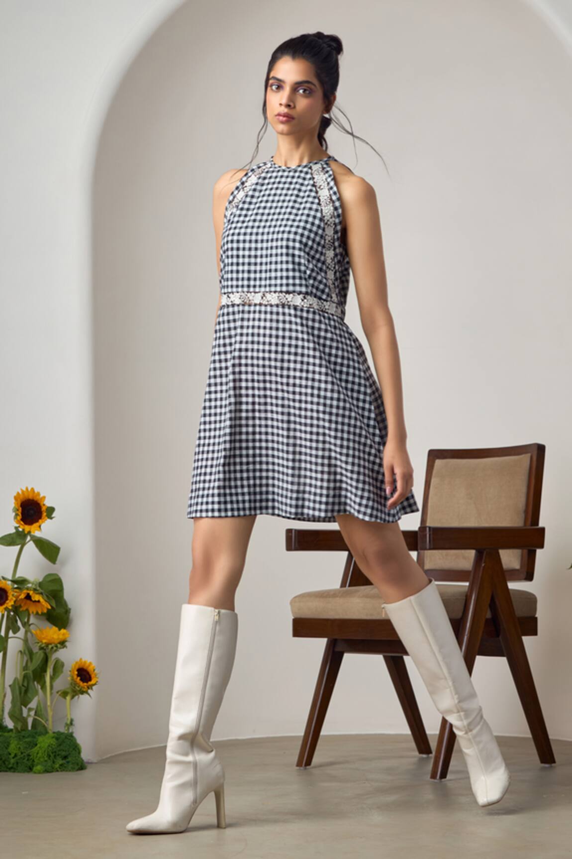 MAISOLOS Black & White Gingham Designer Dress 