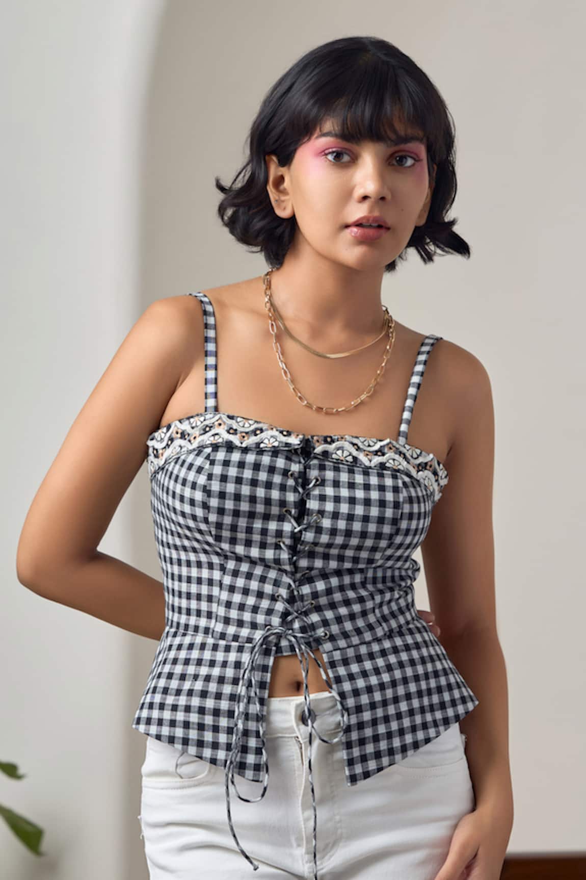 MAISOLOS Black & White Gingham Corset Top 
