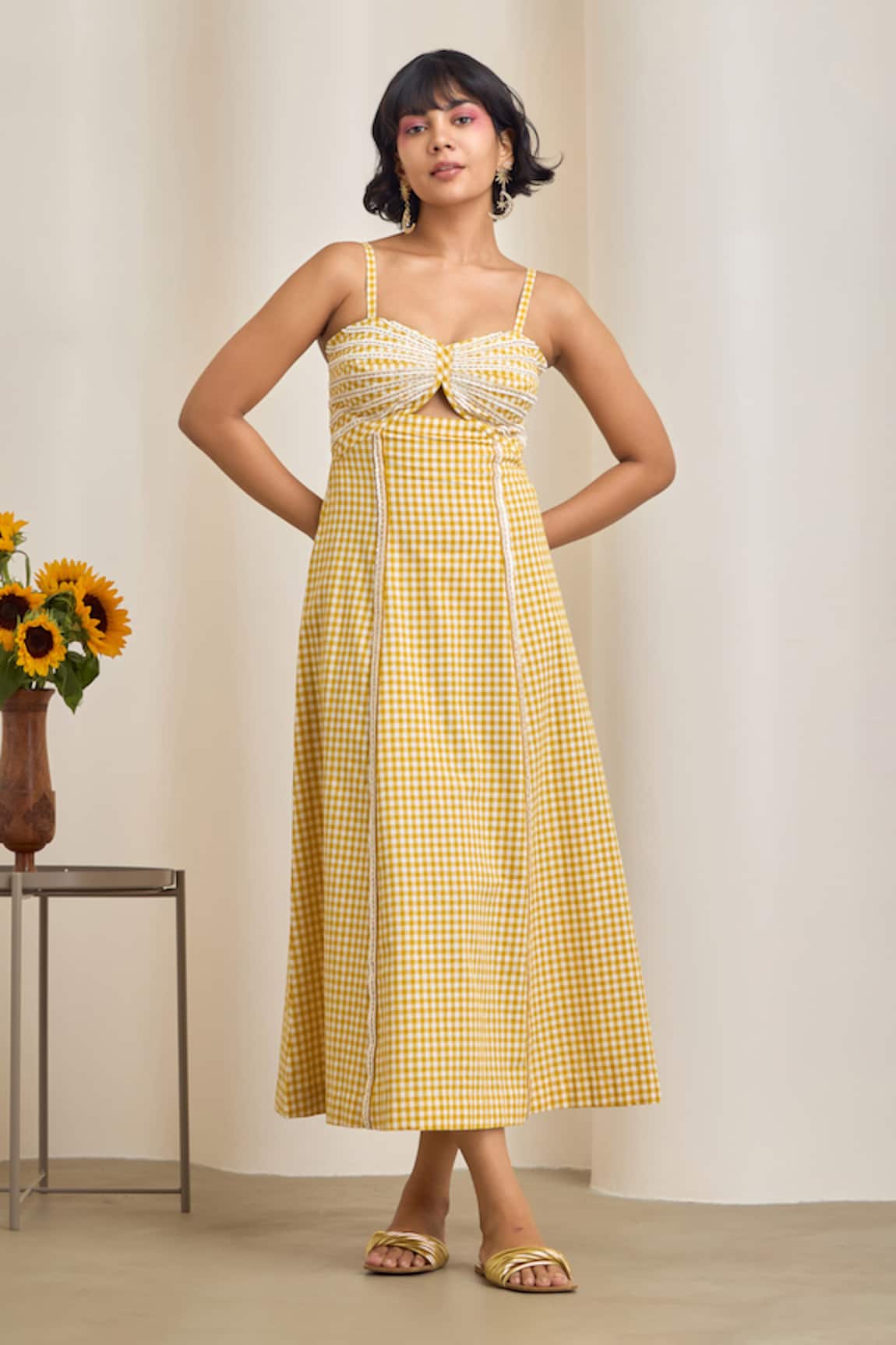 MAISOLOS Yellow Gingham Midi Dress 