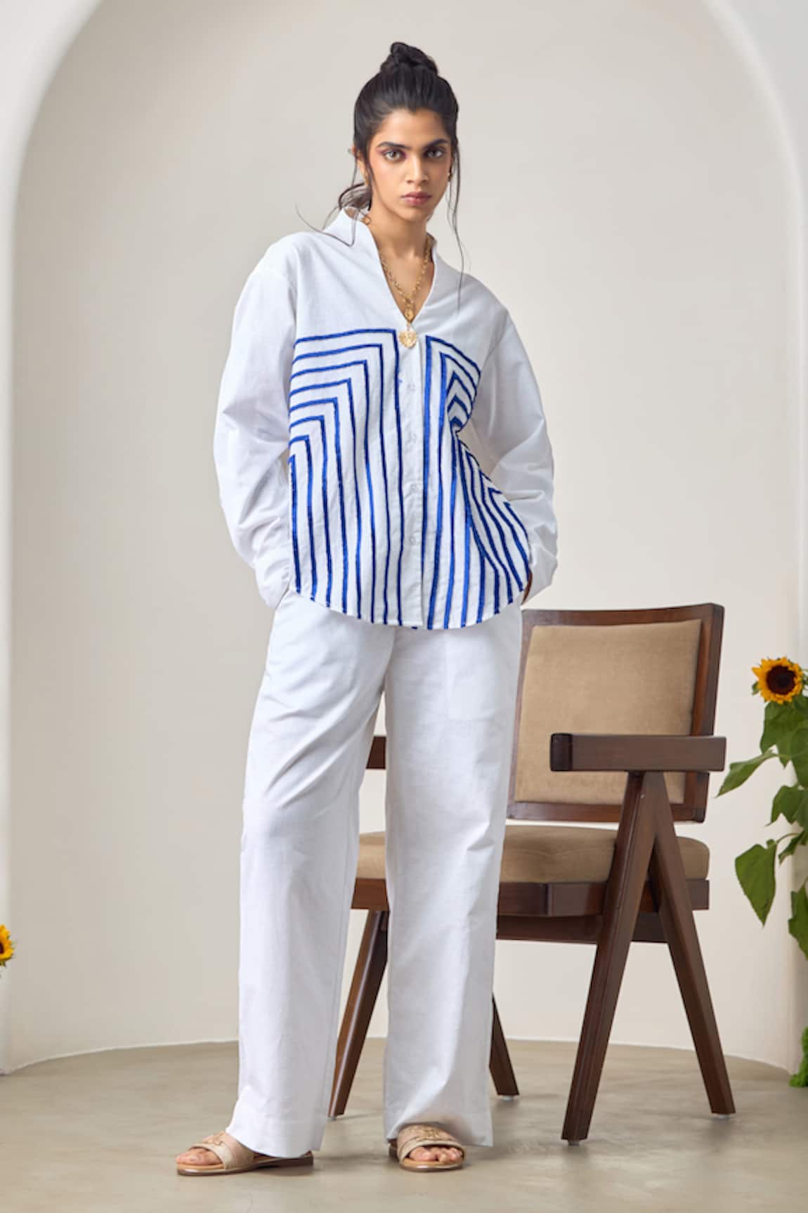 MAISOLOS White Linen Designer Pant Set 