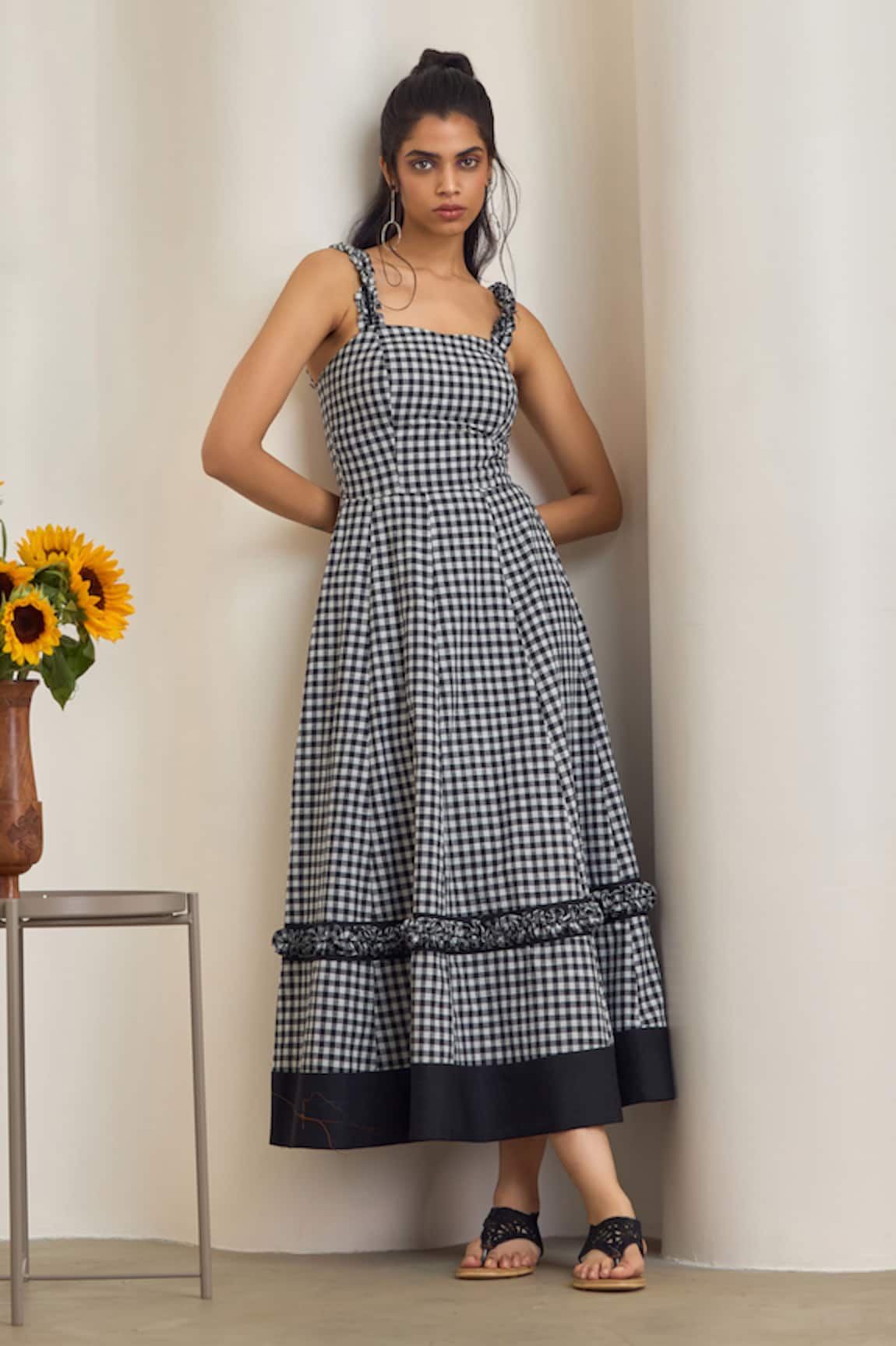 MAISOLOS Black & White Gingham Midi Dress 