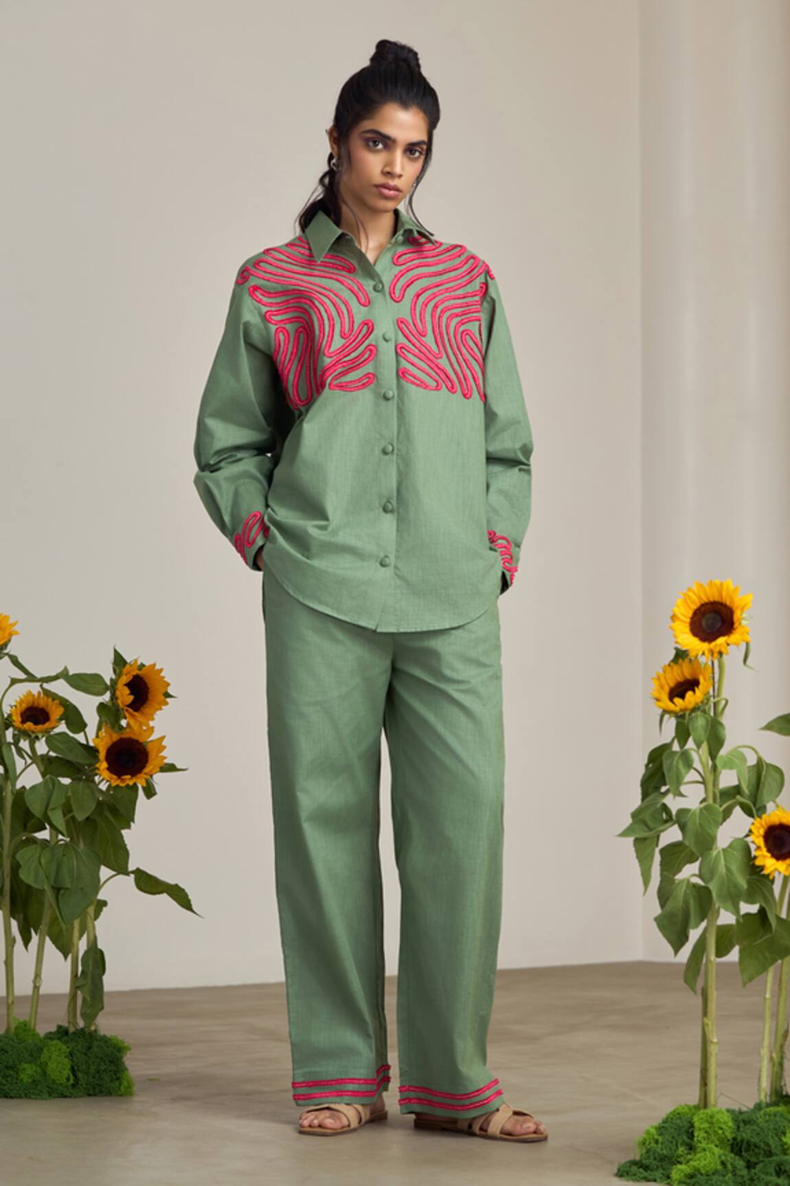 MAISOLOS Sage Green Designer Shirt & Pant Set 