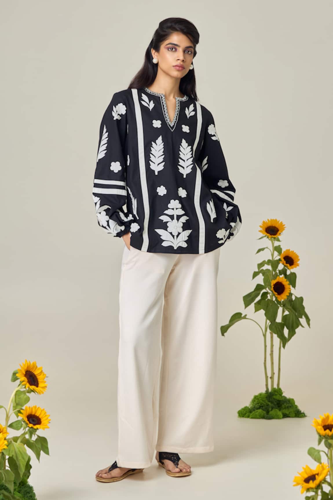 MAISOLOS Black Floral Embroidered Blouse 