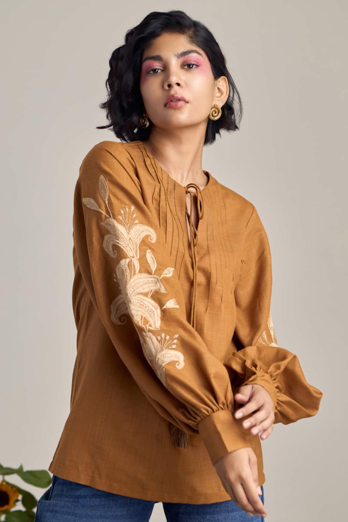 MAISOLOS Brown Cotton Linen Designer Blouse 
