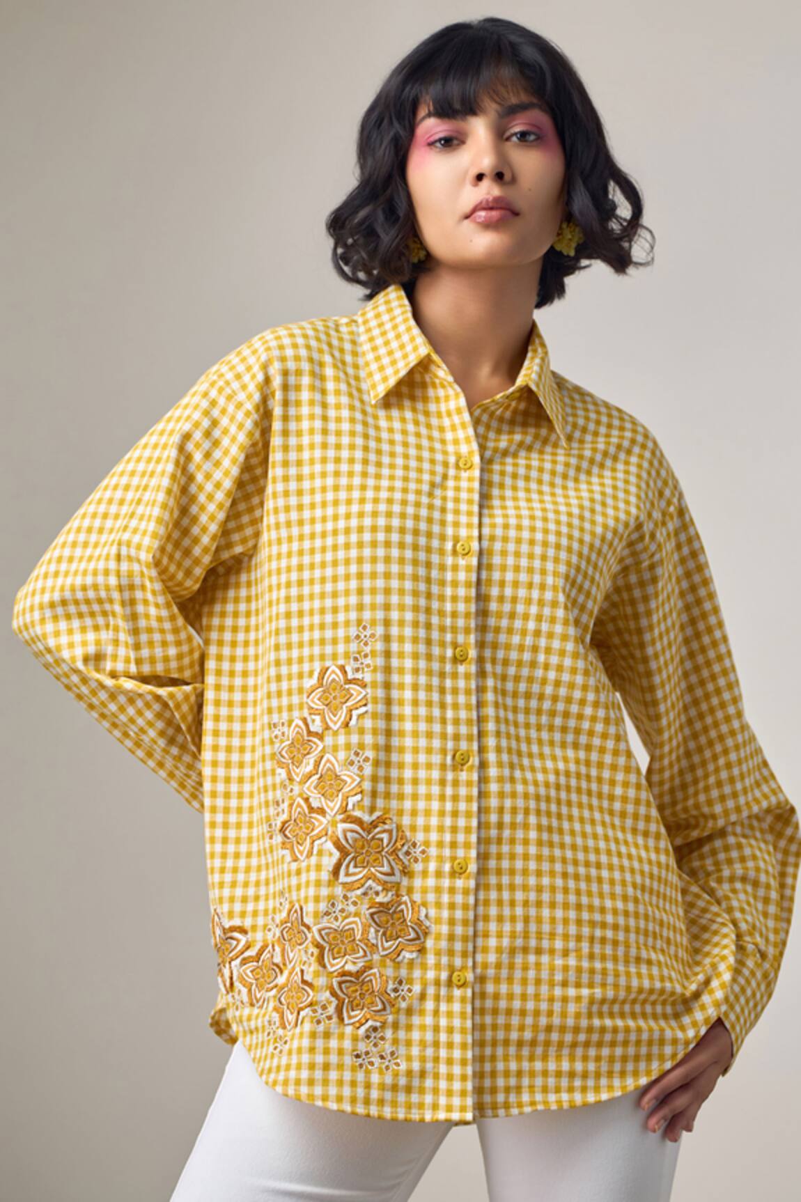 MAISOLOS Yellow Gingham Embroidered Shirt 