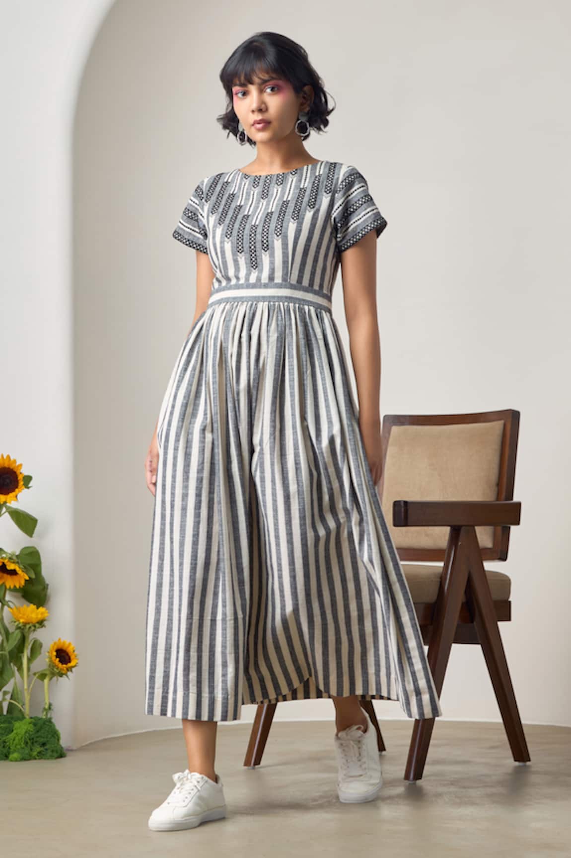 MAISOLOS Ivory & Black Striped Midi Dress 