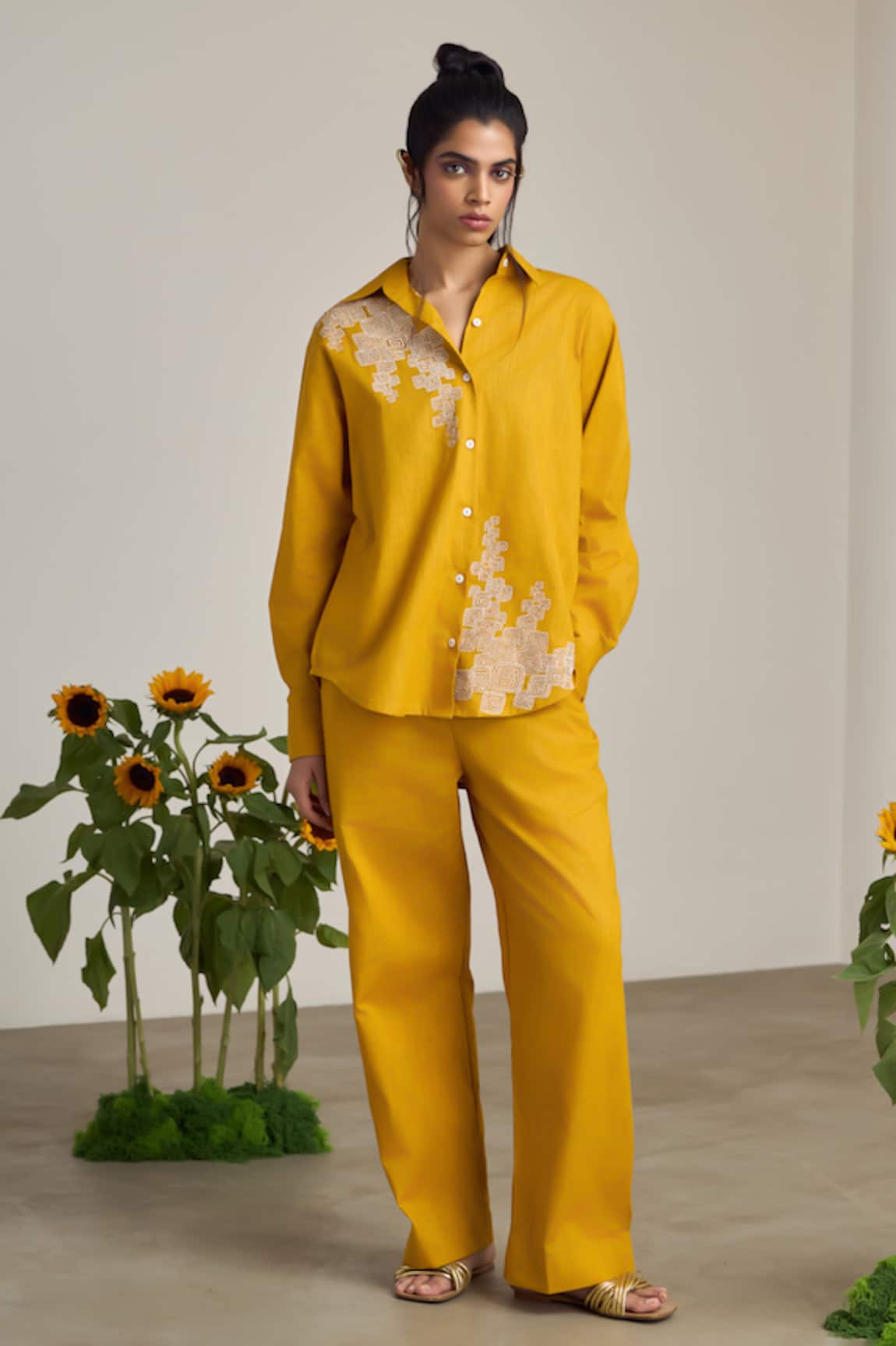 MAISOLOS Mustard Cotton Linen Pant Set 
