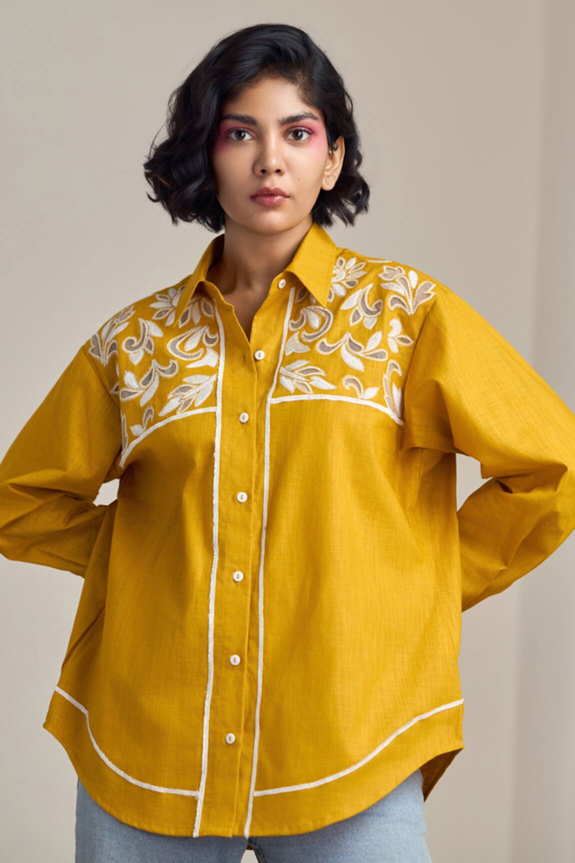 MAISOLOS Mustard Embroidered Designer Shirt 
