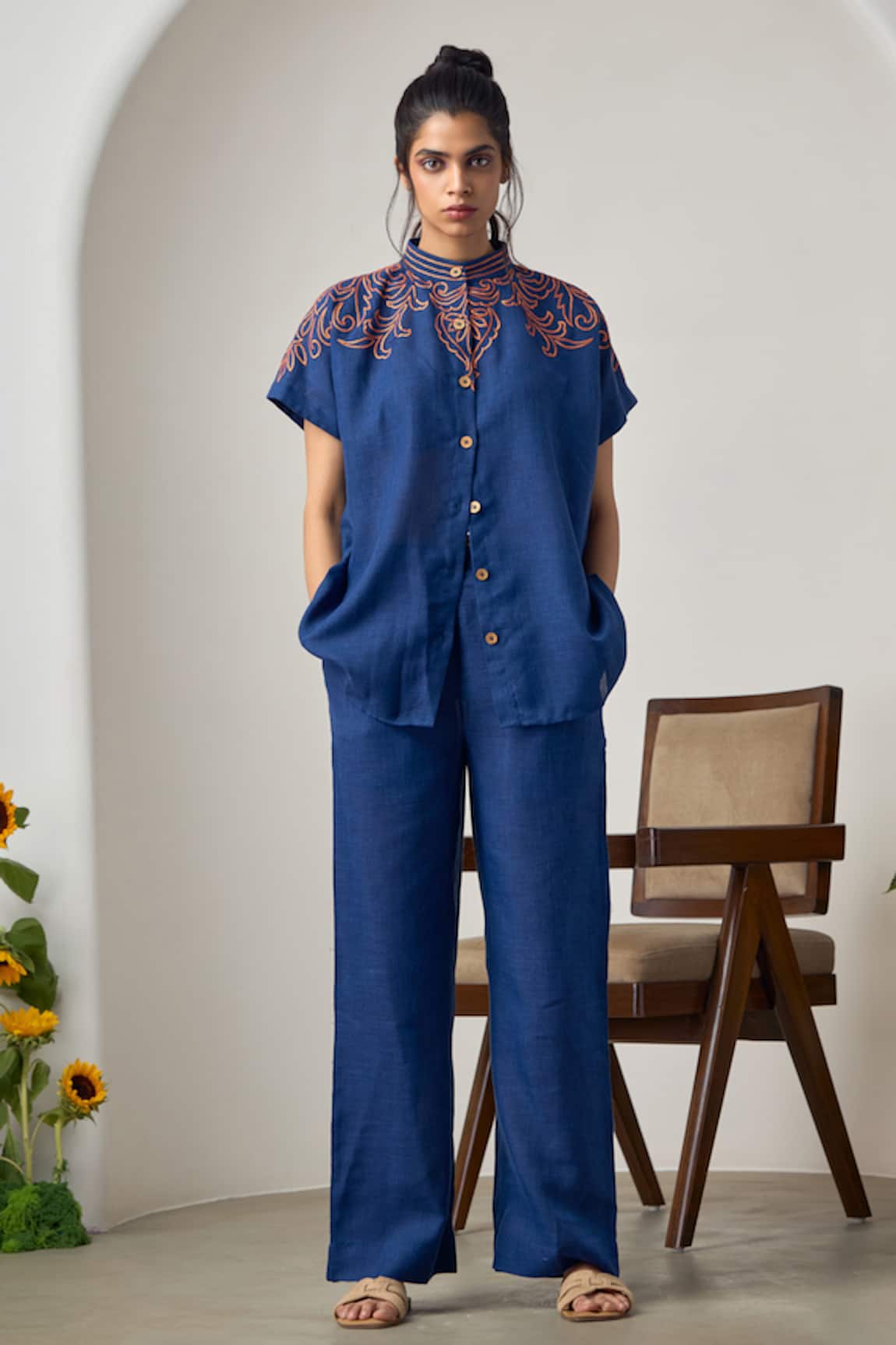 MAISOLOS Navy Blue Jute Linen Embroidered Pant Set 
