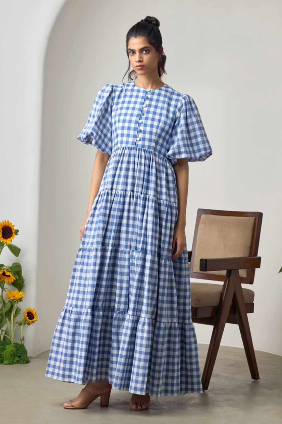MAISOLOS Blue & White Checked Maxi Dress 