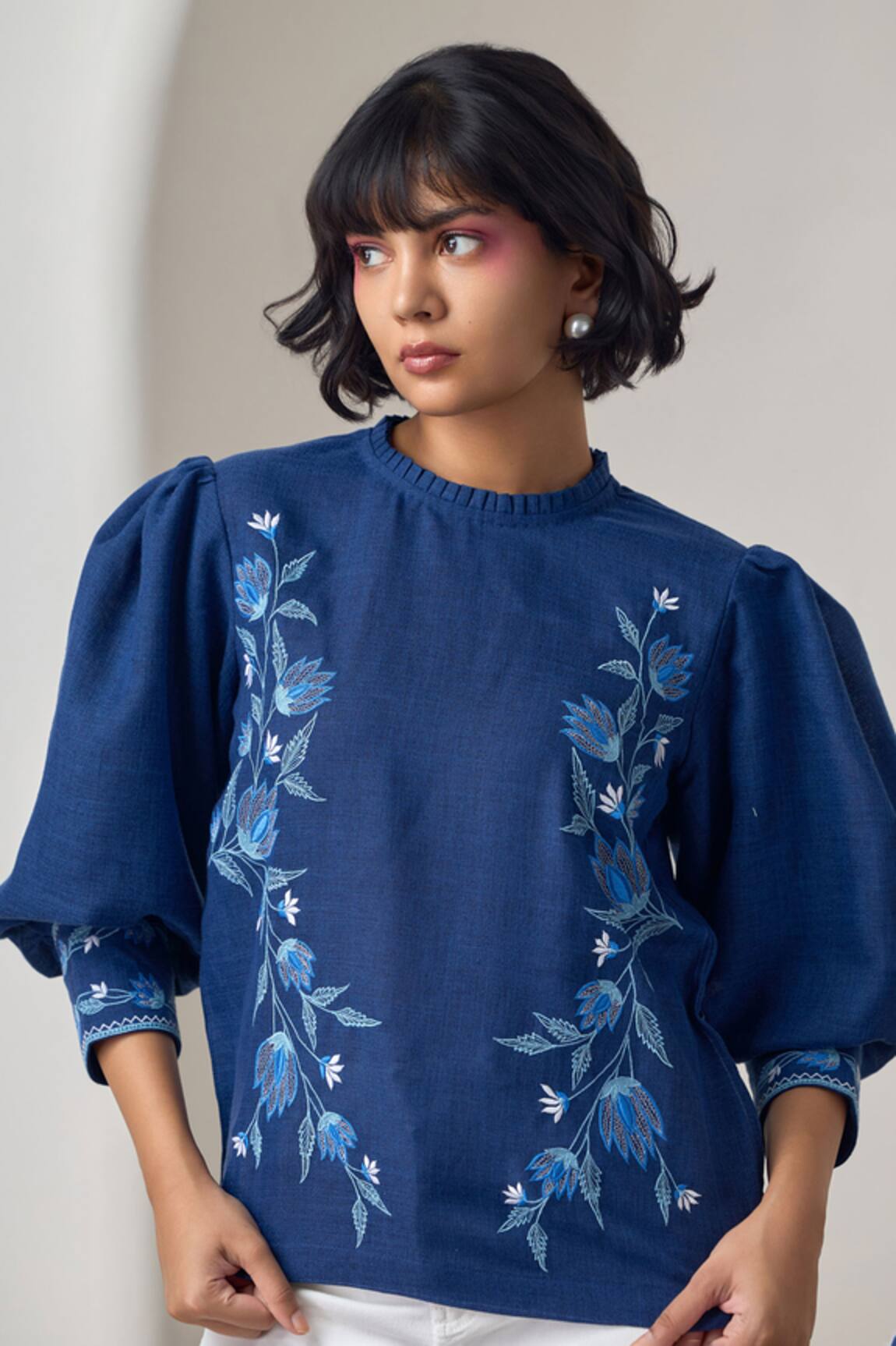 MAISOLOS Navy Blue Embroidered Designer Top 