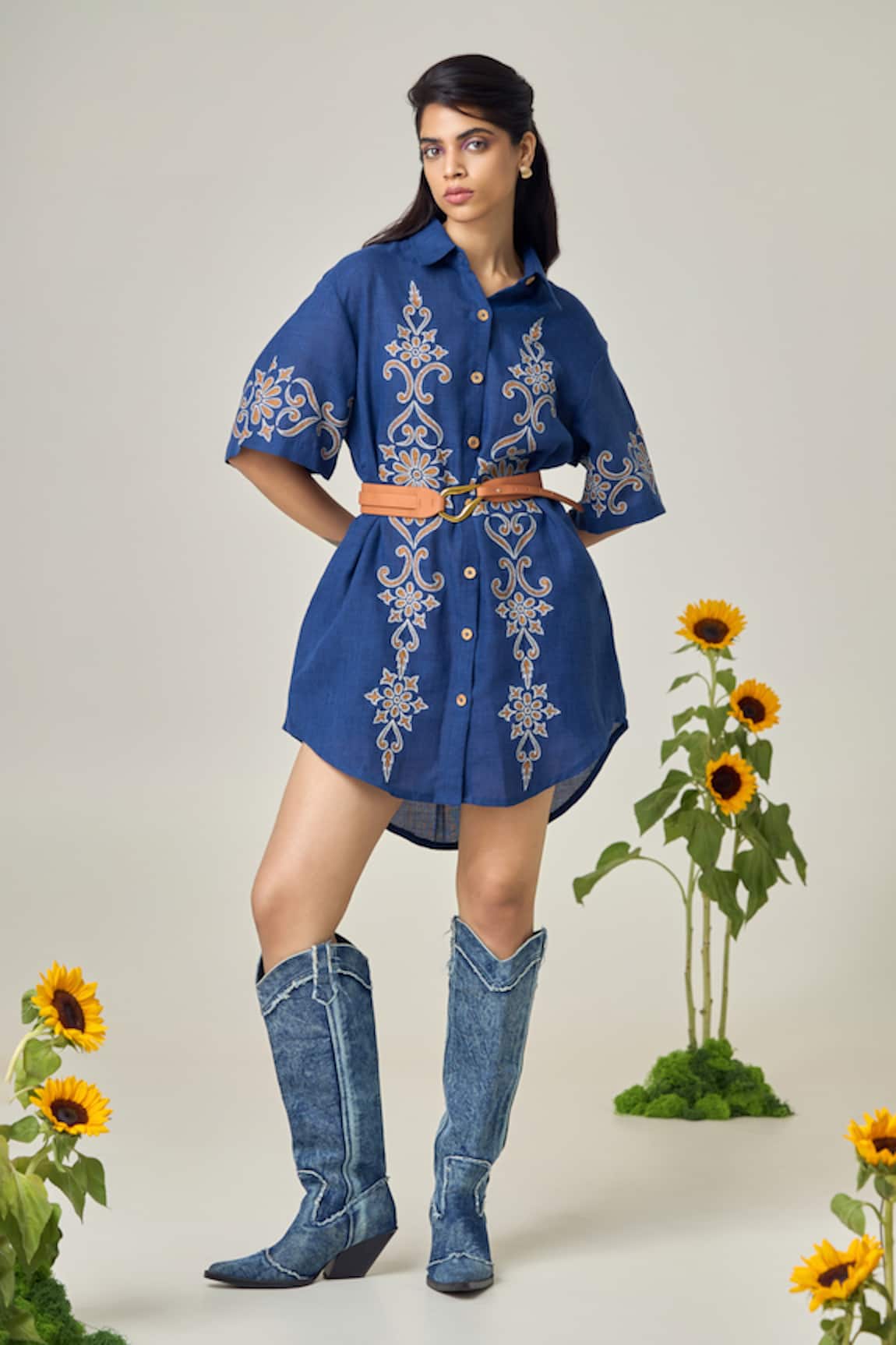 MAISOLOS Navy Blue Embroidered Short Dress 