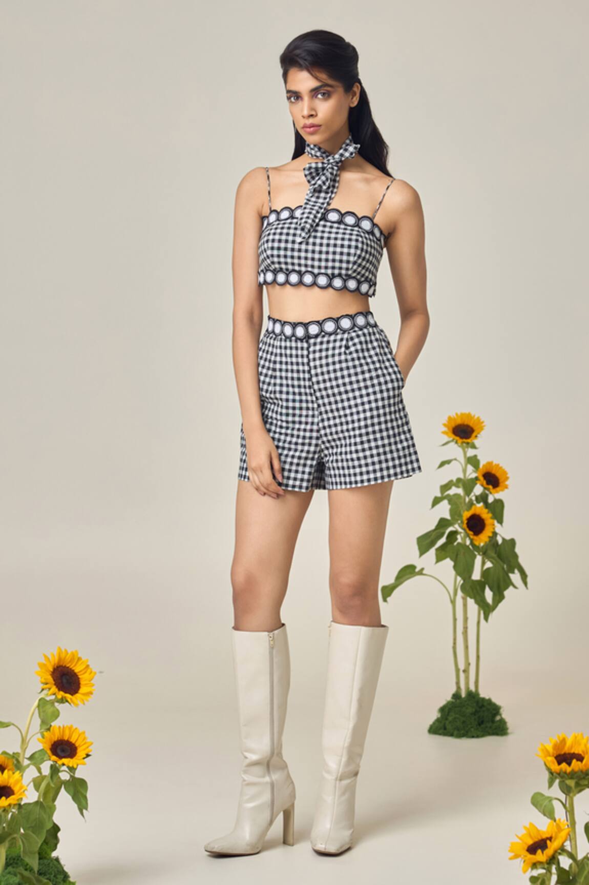 MAISOLOS Black & White Gingham Top & Shorts Set 