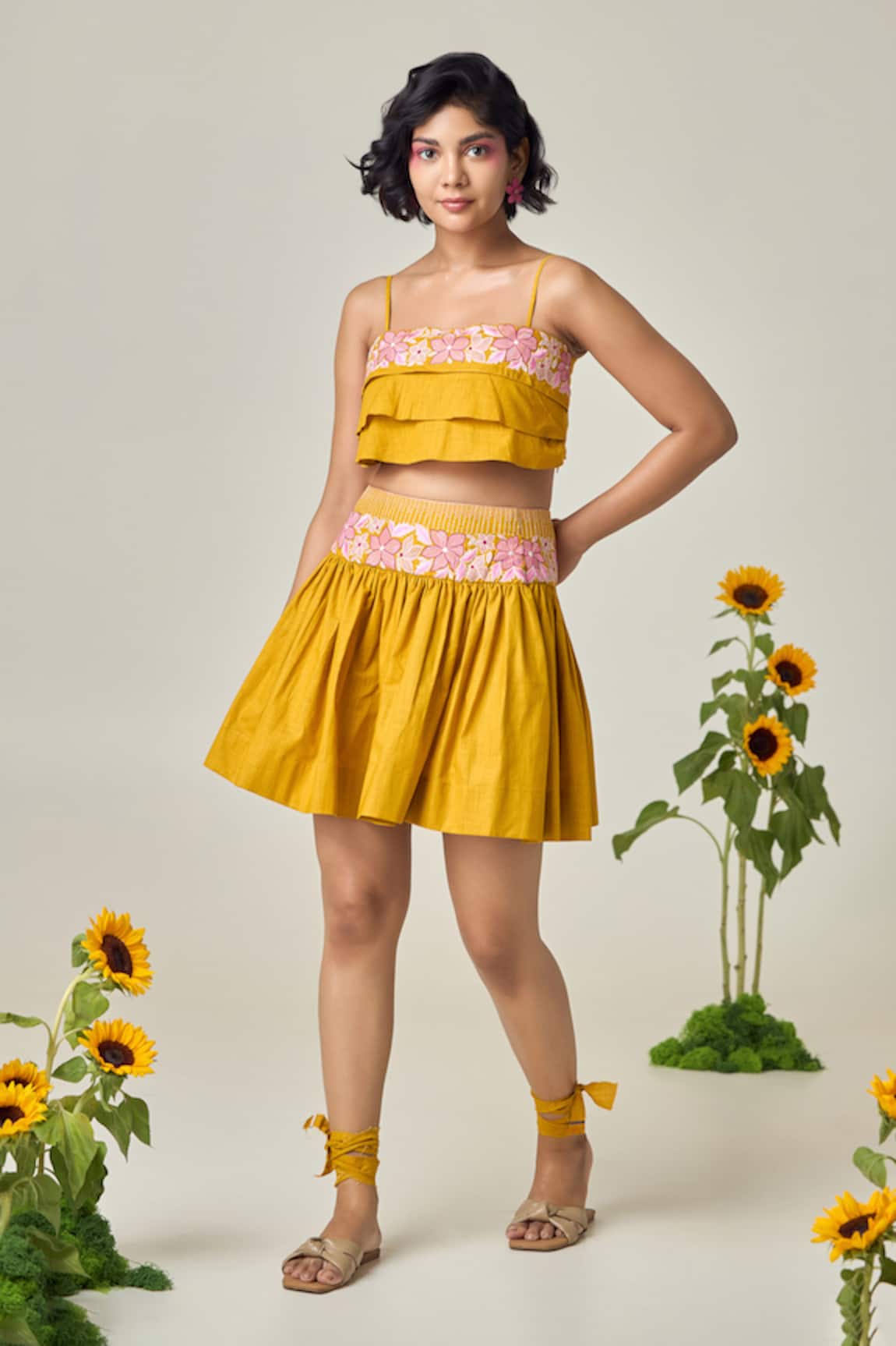 MAISOLOS Mustard Floral Embroidered Tube Top & Skirt Set 