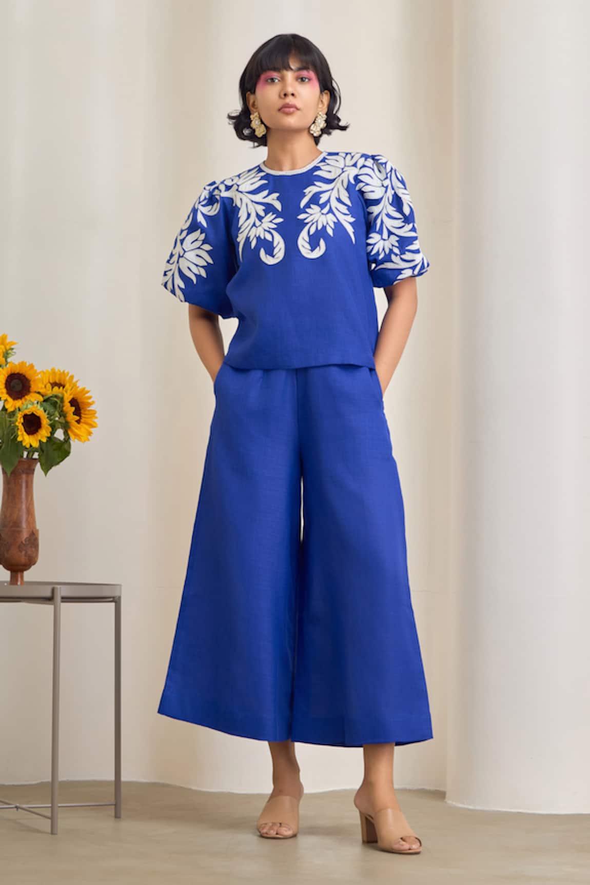 MAISOLOS Blue Embroidered Top & Pant Set 