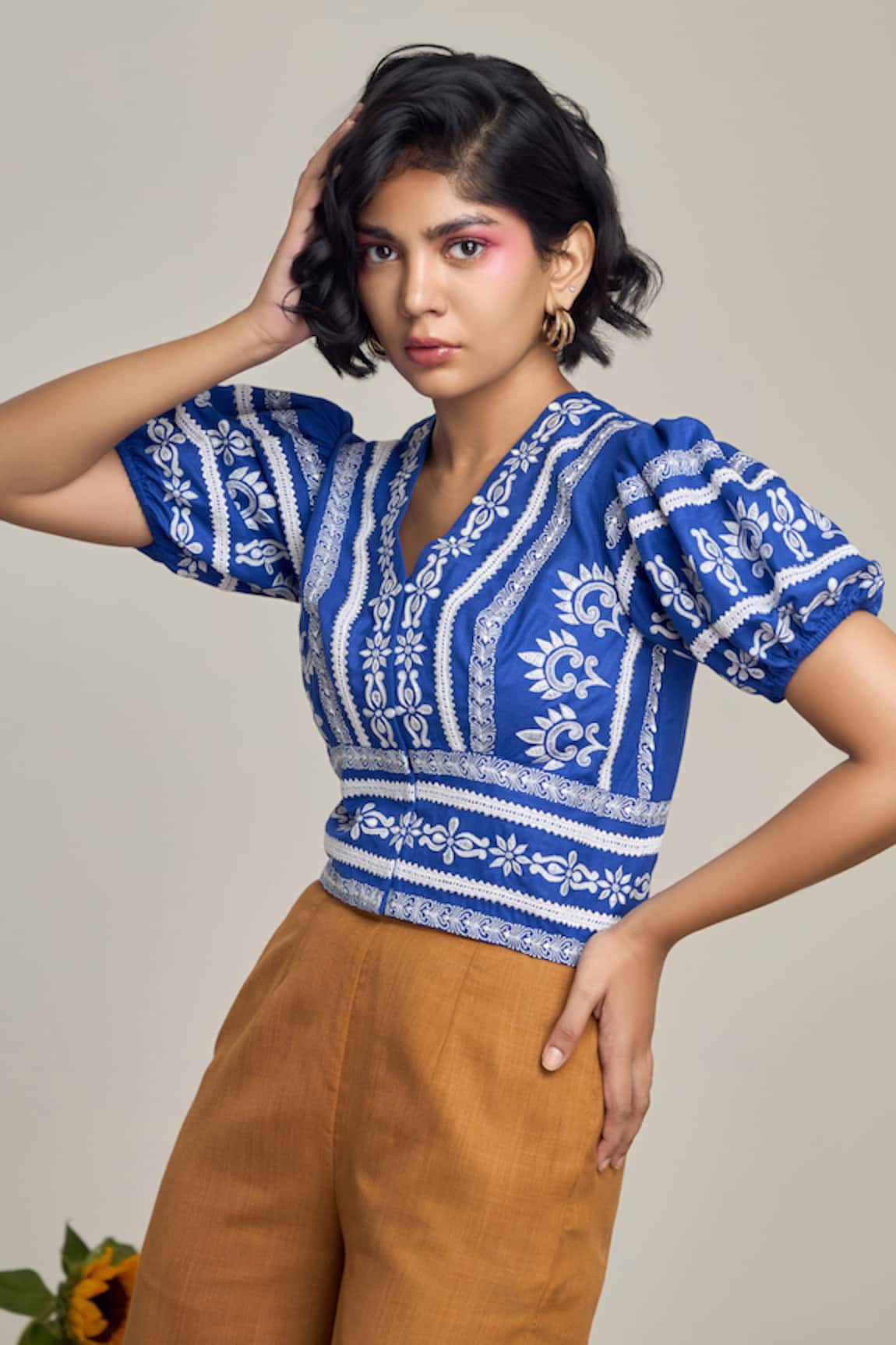 MAISOLOS Embroidered Blue Cotton Linen Top 