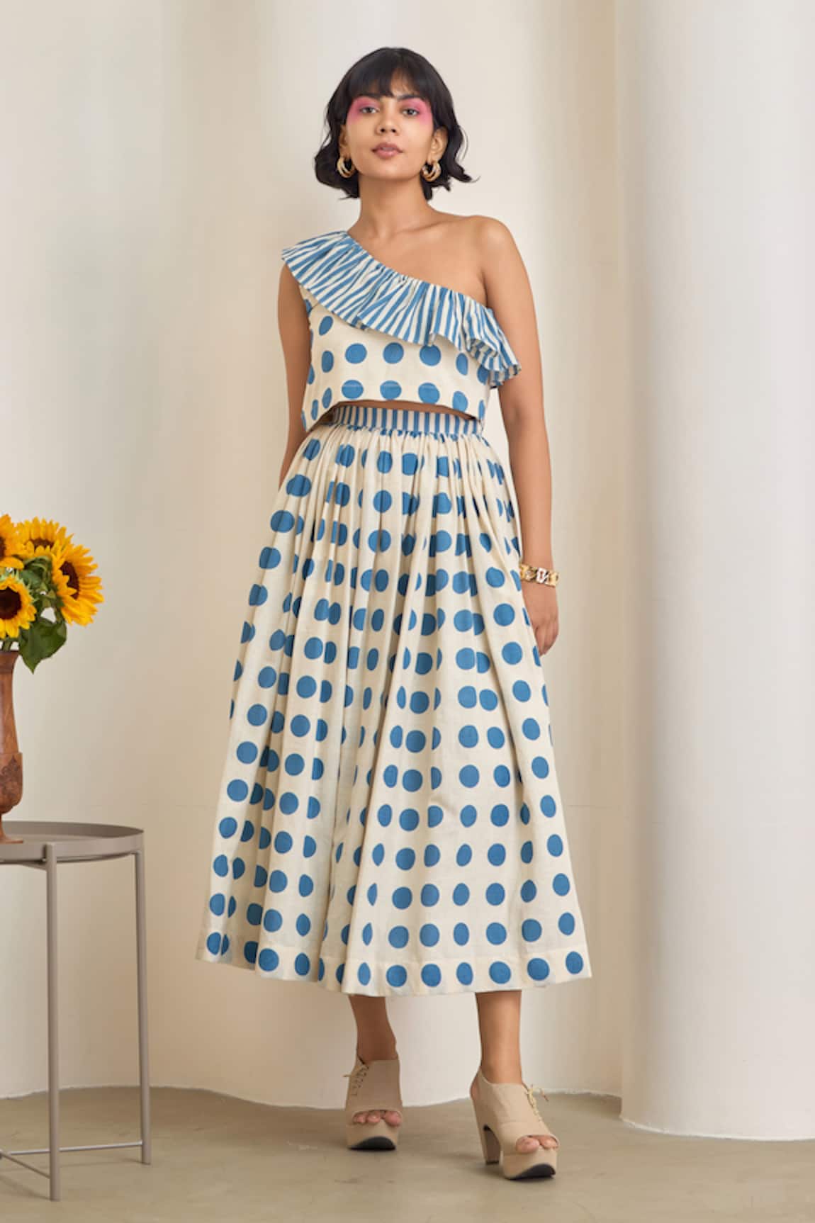 MAISOLOS Blue Polka Dot Crop Top & Skirt Set 