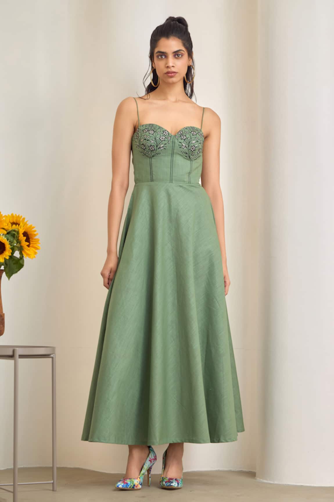 MAISOLOS Sage Green Embroidered Maxi Dress 