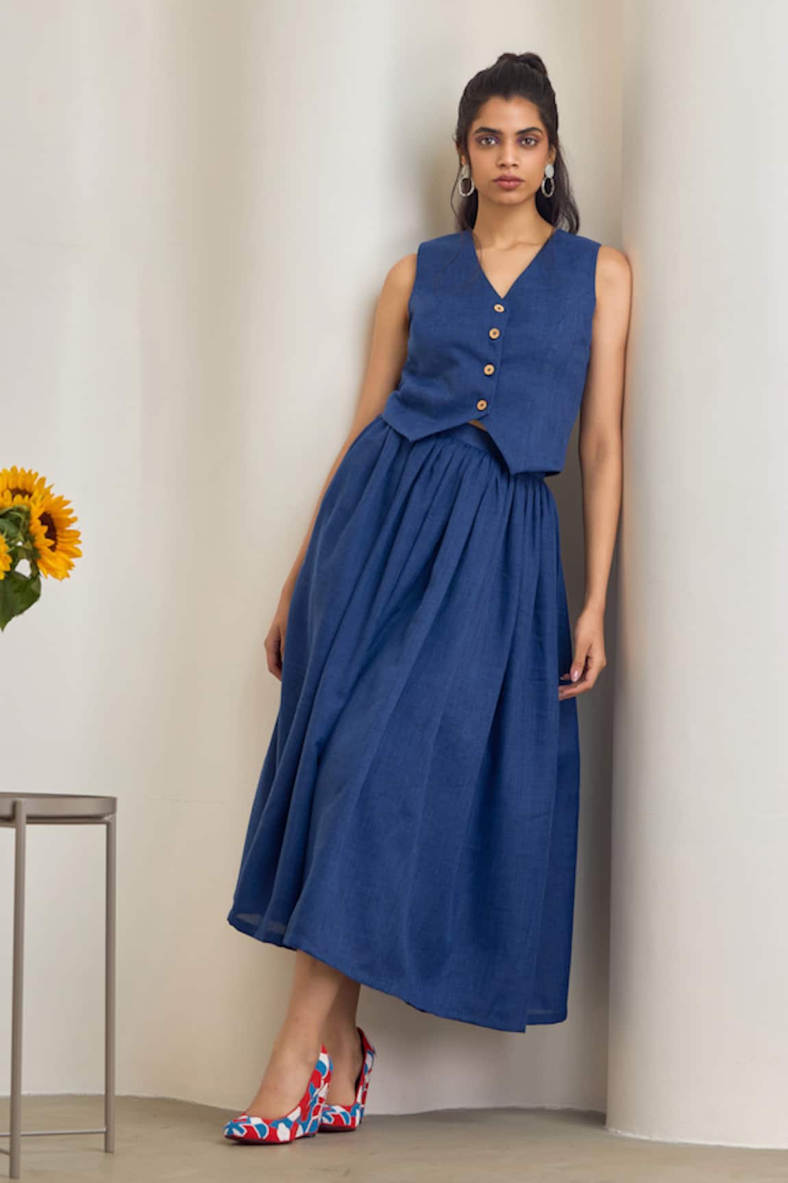 MAISOLOS Navy Blue Jute Linen Skirt Set 