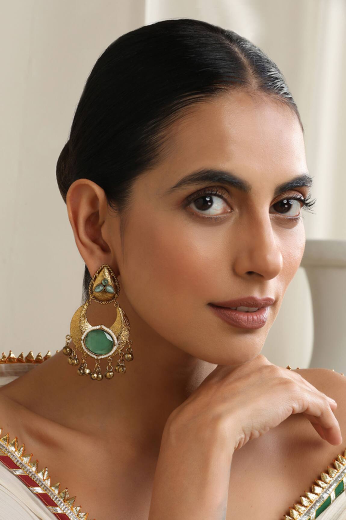 SWABHIMANN Mint Gold Chandbali Earrings 