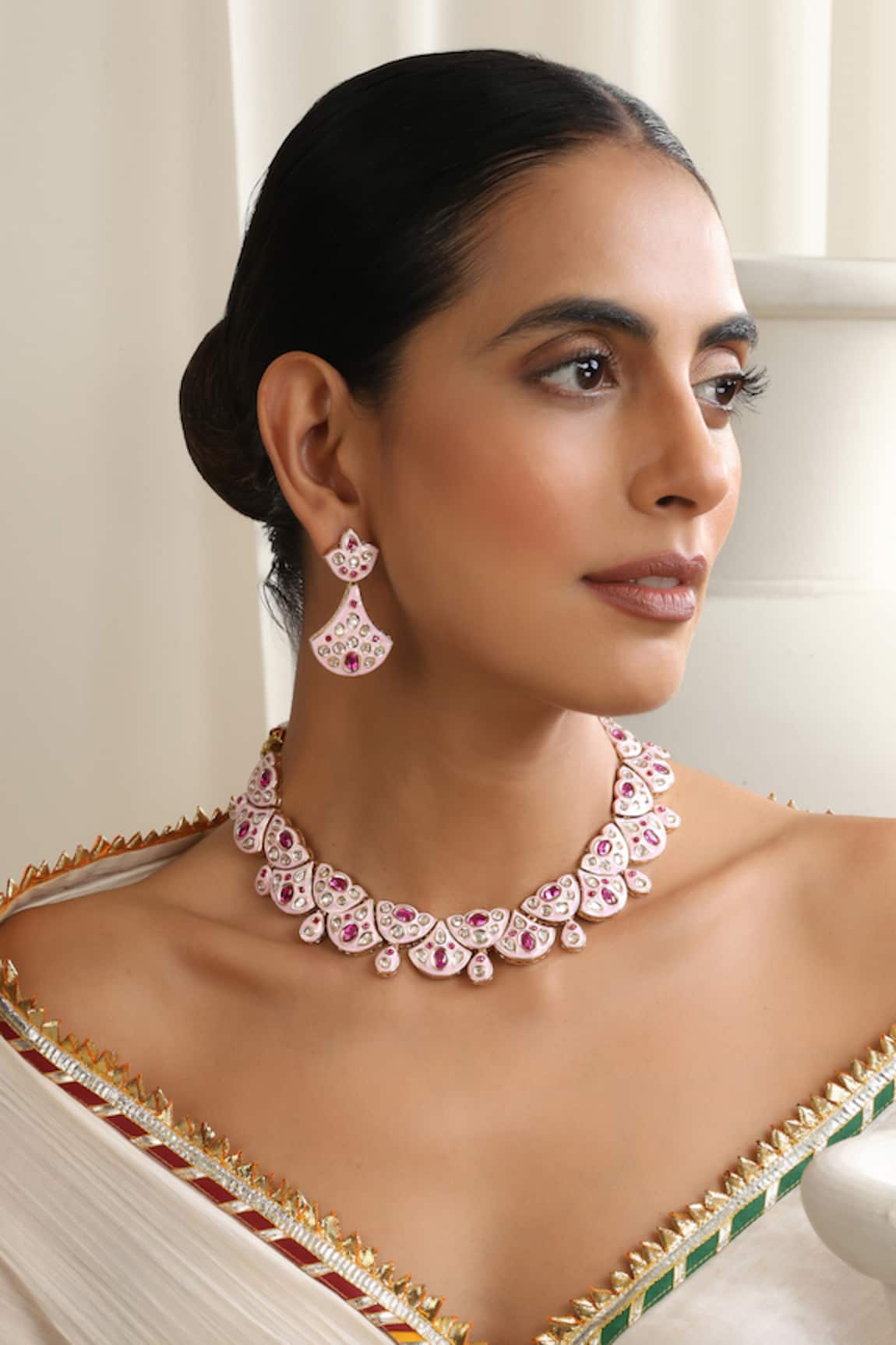 SWABHIMANN Pink Rose Gold Polki Necklace Set 