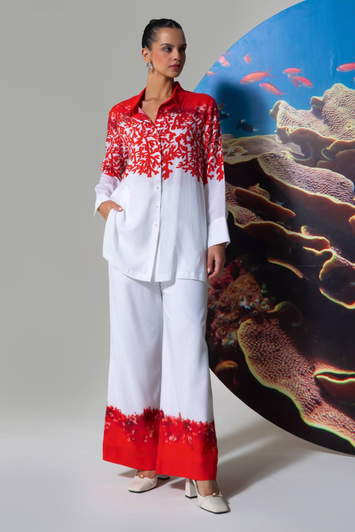 Nautanky Coral Print Cotton Linen Pant Set 