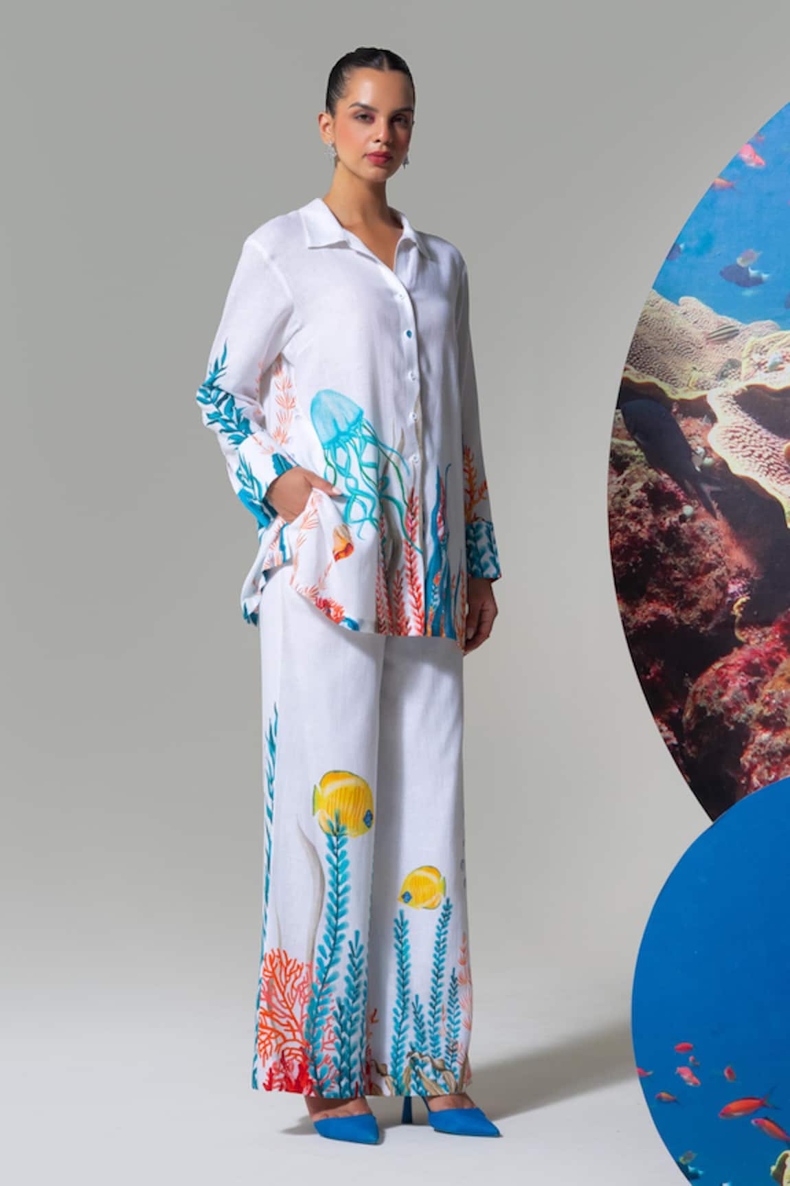 Nautanky Coral Print Cotton Linen Pant Set 