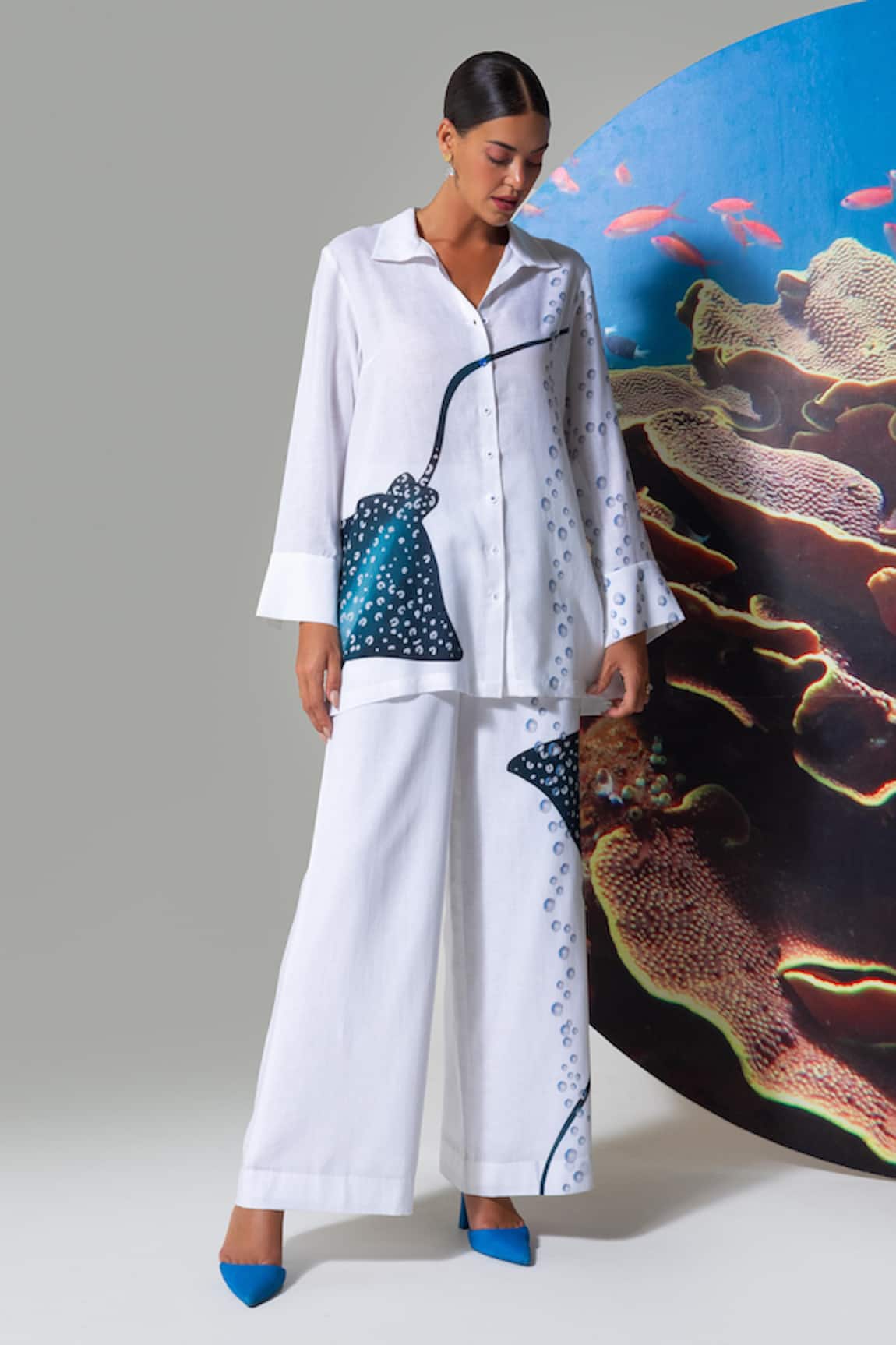 Nautanky White Printed Cotton Linen Pant Set 
