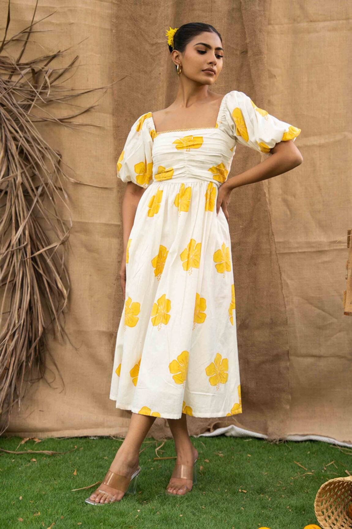 Kalakaari By Sagarika Butter Yellow Floral Midi Dress 