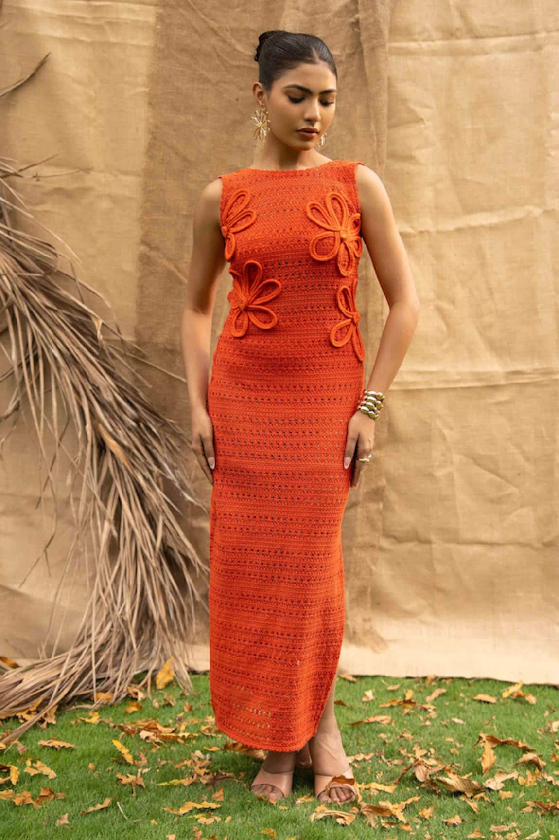 Kalakaari By Sagarika Orange Floral Embellished Midi Dress 