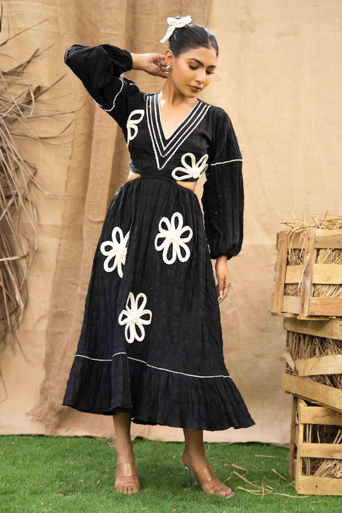 Kalakaari By Sagarika Black Floral Applique Midi Dress 