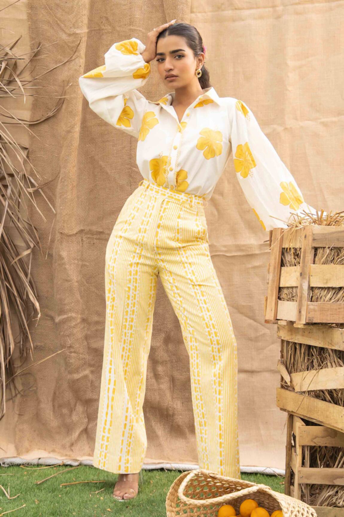 Kalakaari By Sagarika Butter Yellow Floral Print Pant Set 